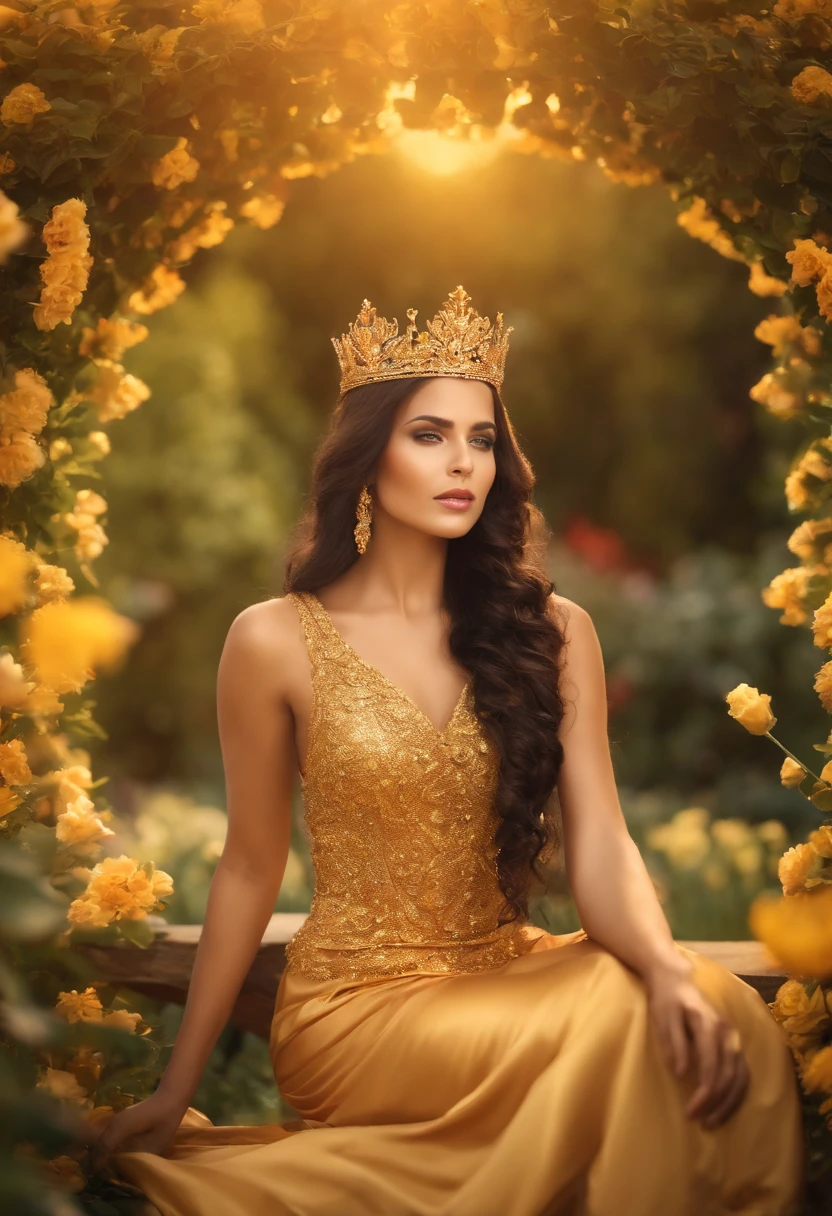 sun goddess, golden dress, golden crown, sitting in a garden with flowers, flower arch background