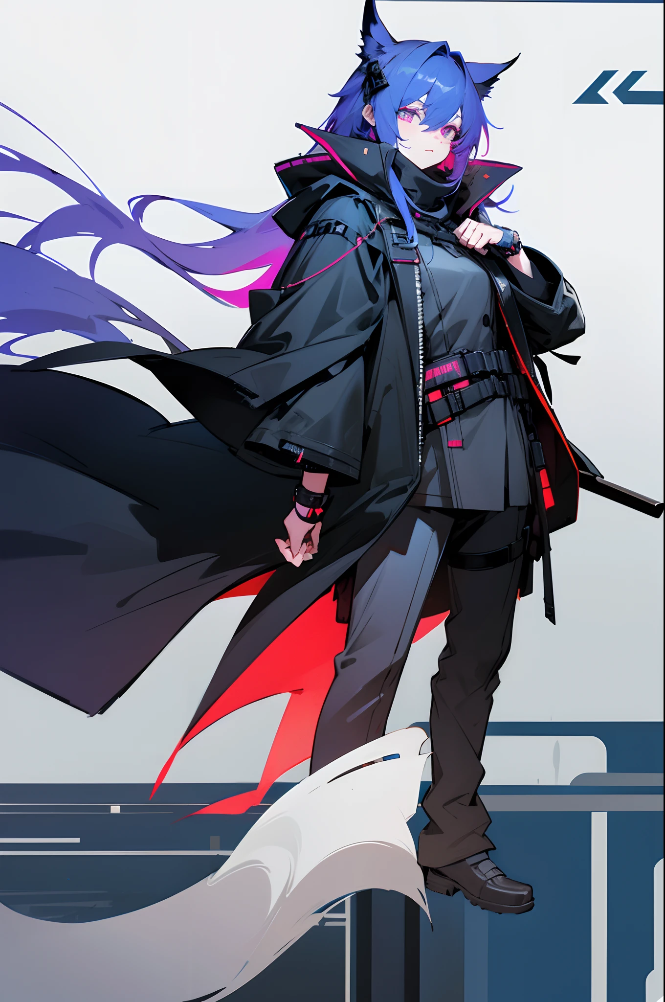 Arknights, {Dr}, Odin, HD, Cyberpunk style, black cloak, without red color, indigo, Neon City, mask, Ears, The eye is not visible, Eye mask, stands, looking at the camera, futuristic city, That's incredible,