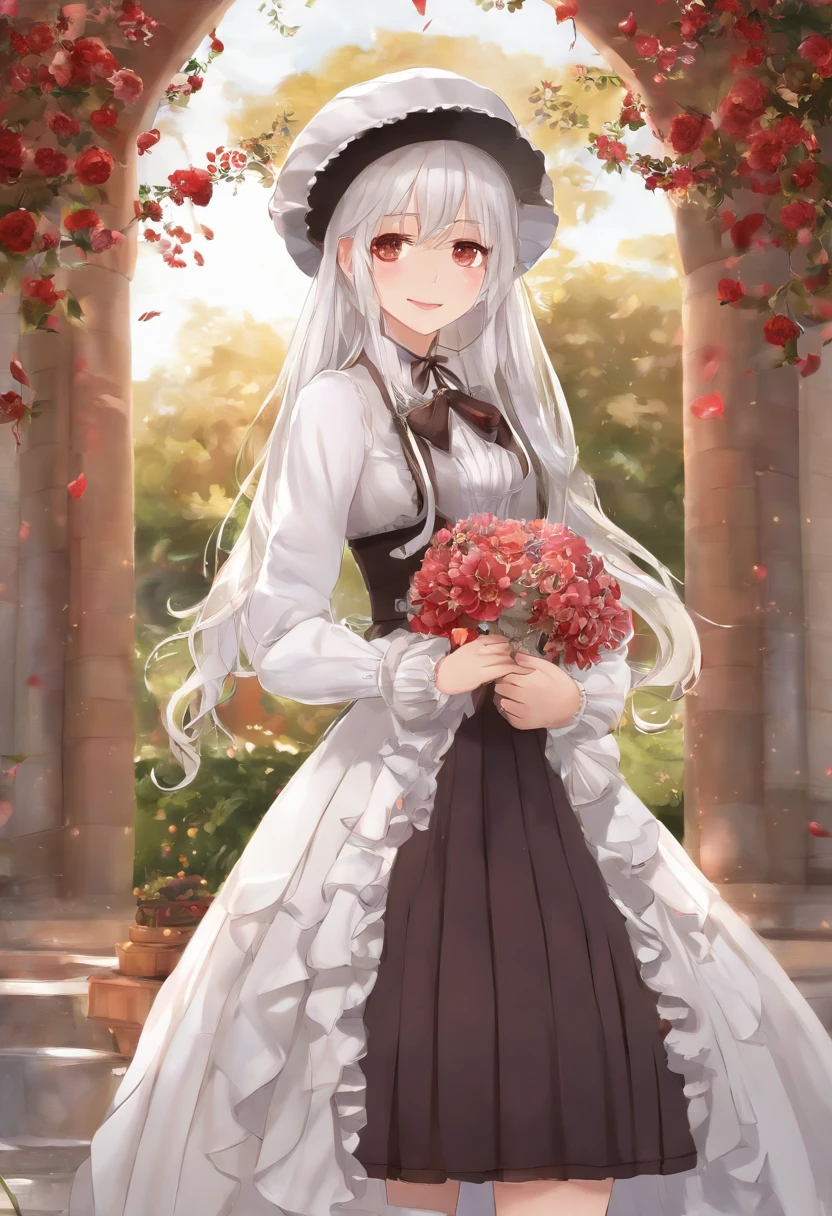 masterpiece, best quality, 1girl, solo, long_hair, looking_at_viewer, white hair, red eyes, smile, bangs, skirt, shirt, long_sleeves, hat, dress, bow, holding, closed_mouth, flower, frills, hair_flower, petals, bouquet, holding_flower, center_frills, bonnet, holding_bouquet, tachi-e, full body, white background,
