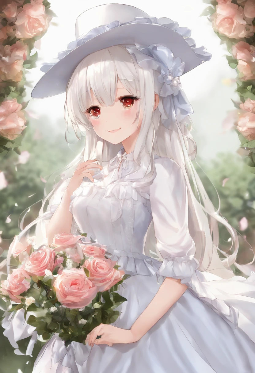 masterpiece, best quality, 1girl, solo, long_hair, looking_at_viewer, white hair, red eyes, smile, bangs, skirt, shirt, long_sleeves, hat, dress, bow, holding, closed_mouth, flower, frills, hair_flower, petals, bouquet, holding_flower, center_frills, bonnet, holding_bouquet, tachi-e, full body, white background,
