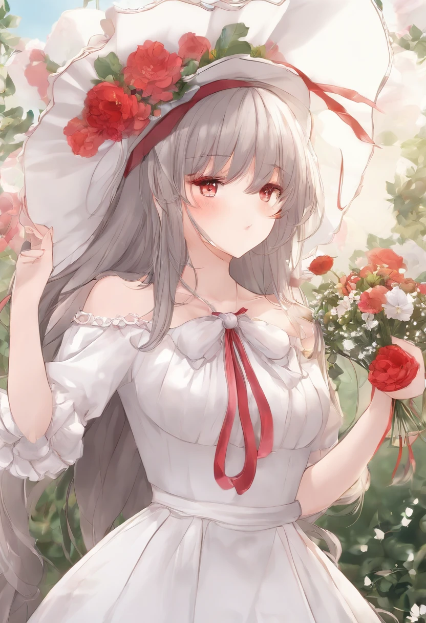 masterpiece, best quality, 1girl, solo, long_hair, looking_at_viewer, white hair, red eyes, smile, bangs, skirt, shirt, long_sleeves, hat, dress, bow, holding, closed_mouth, flower, frills, hair_flower, petals, bouquet, holding_flower, center_frills, bonnet, holding_bouquet, tachi-e, full body, white background,