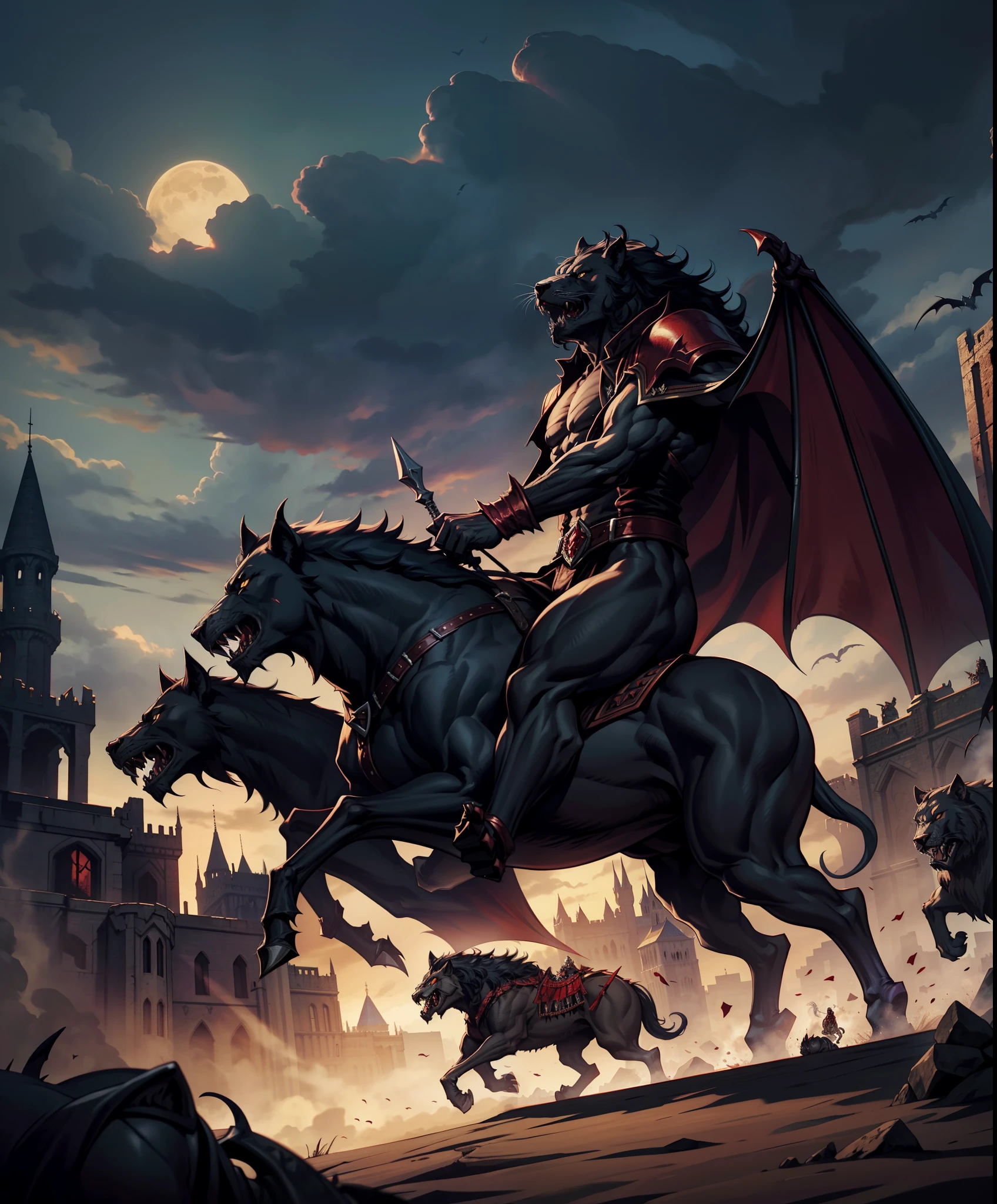 Lord Dracula Castlevania shadow lords riding big legendary roaring lion with an army of demons behind him hyper realistic super detailed