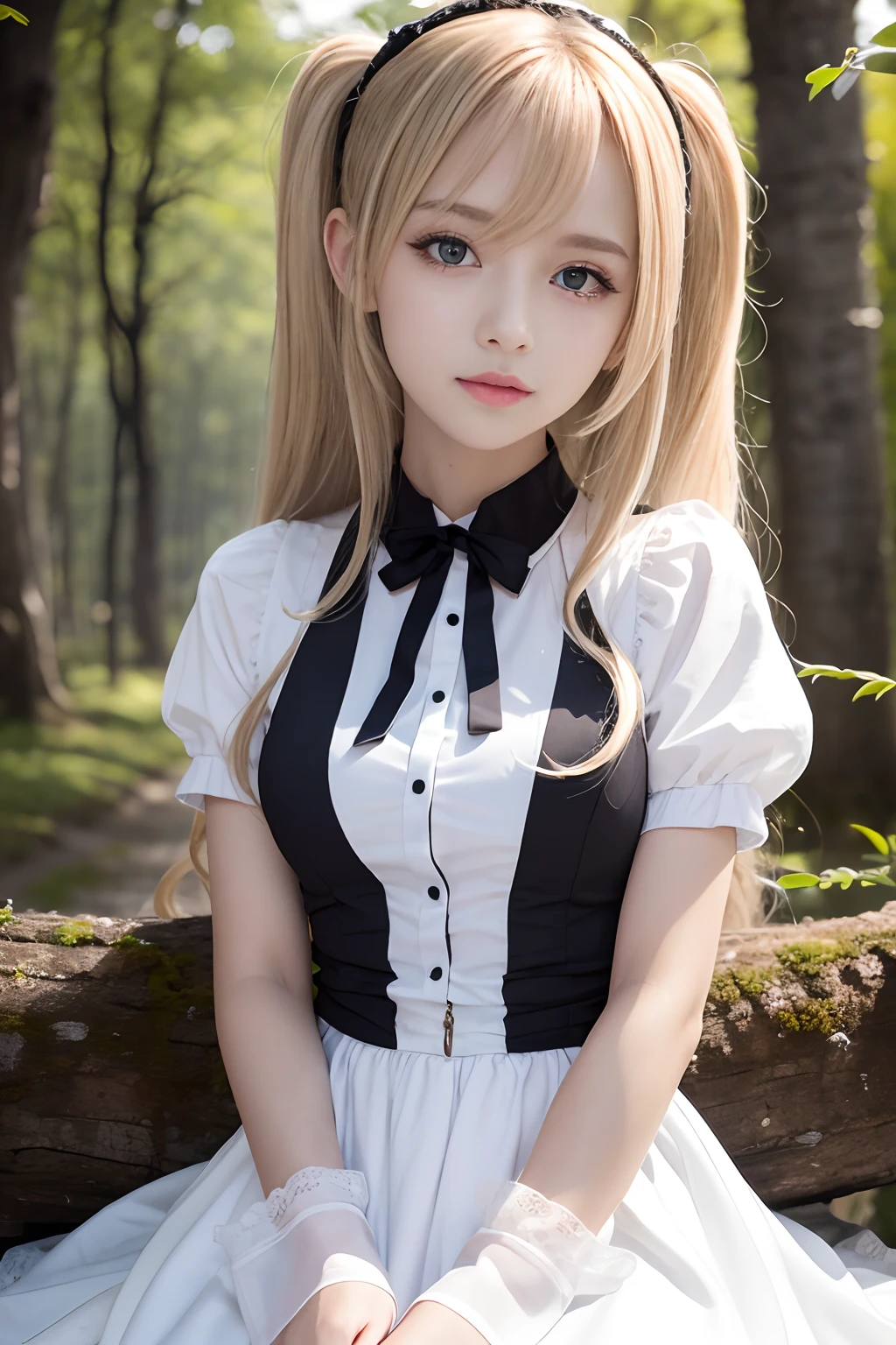 ​masterpiece、top-quality、hight resolution、extremely detailed photo、profetional lighting、Alafi in white dress and black shoes poses for photo、a sexy maid in a magical forest、doress、Lori in a dress、gorgeous maid、maid clothes、maid dress、a maid in a magical forest、Maid in uniform、Anime girl in maid clothes、Dressed in beautiful white、portlate、School Uniforms、bright expression、Young shiny shiny white shiny skin、Best Looks、Blonde reflected light、Platinum blonde hair with dazzling highlights、shiny light hair,、Super long silky straight hair、Beautiful bangs that shine、Glowing crystal clear attractive big blue eyes、Very beautiful nice cute 16 year old girl、Lush bust、poneyTail、