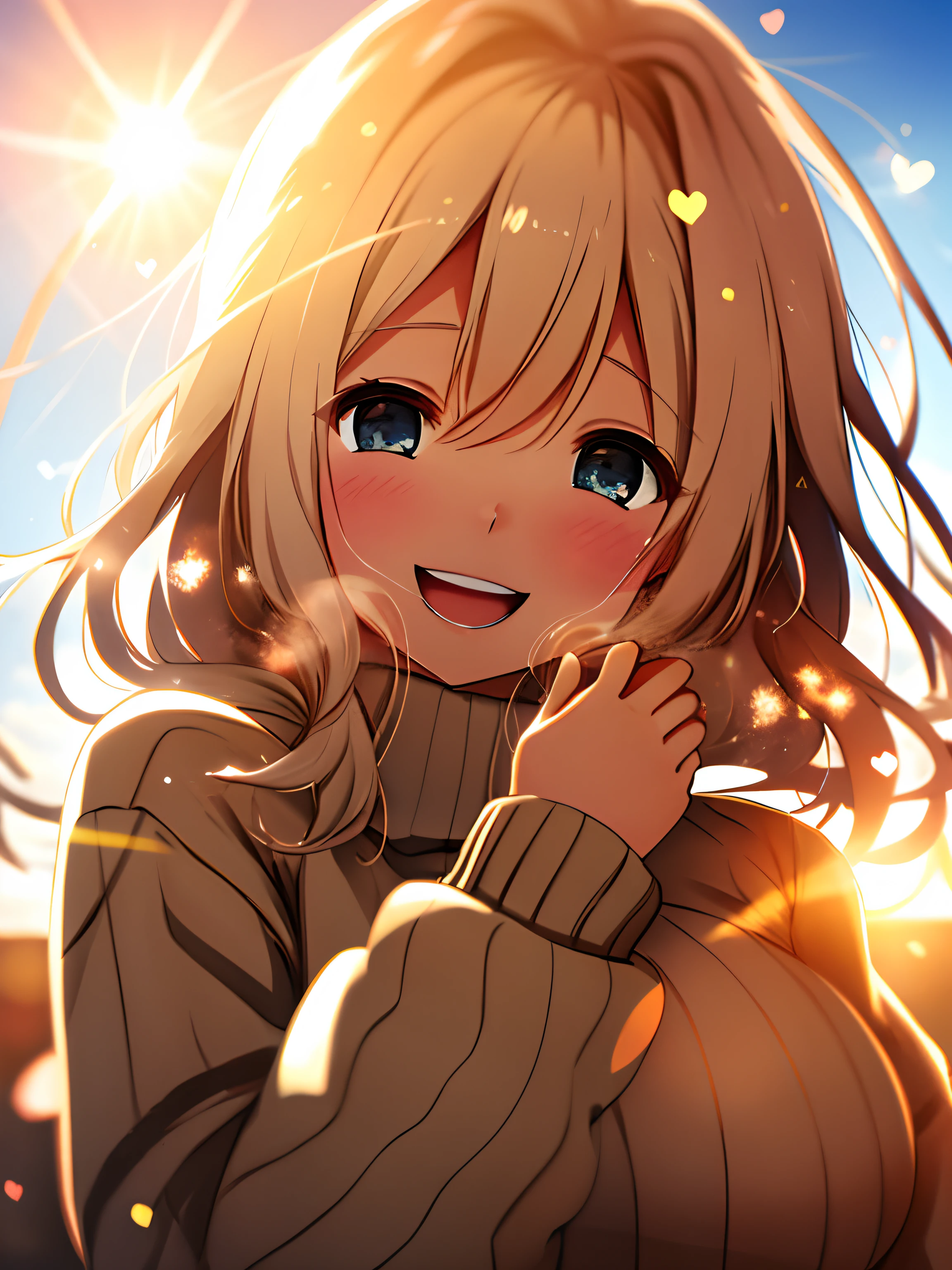 a girl, cosy sweater on, upper body, (huge Laughing:1.1), (open mouth:1.1), (wide open eyes:1.2), sun glare, bokeh, depth of field, blurry background, light particles, strong wind, (heart particles:1.1)