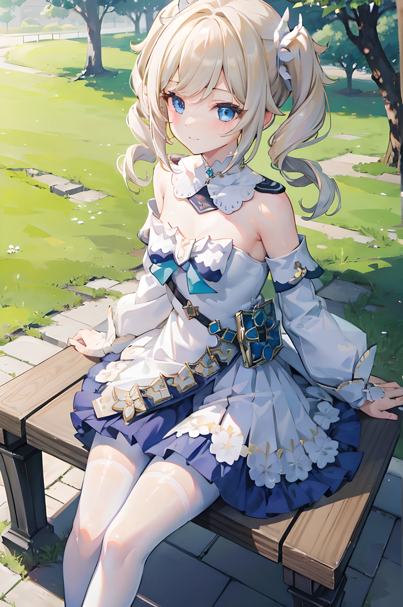 1 girl, short, idol dress, idol, white hair, blue eyes, cute face, smile, blush, outdoor, sitting on a park bench, under tree, looking at viewer, 8k, ray tracing, masterpiece, beautiful environment, Barbara, Genshin Impact, solo, cute