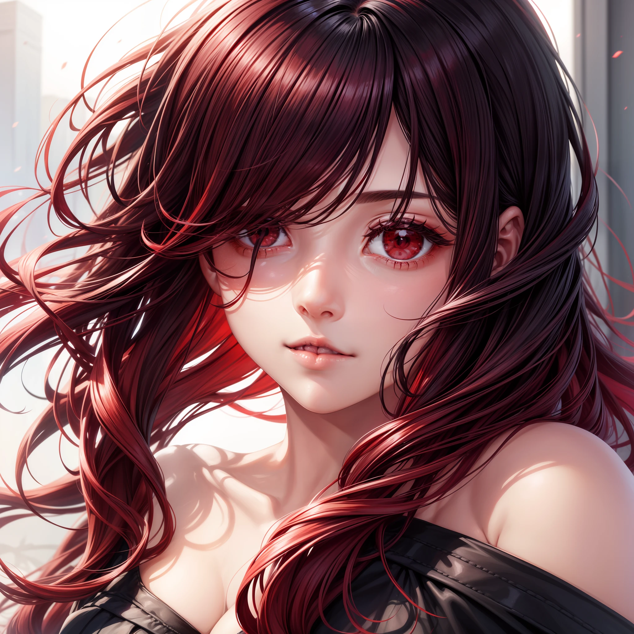 Beautiful girl , ((red color eyes)), 8k, realistic, ultra details, (black hair), (Red color at the ends of the hair), curly hair