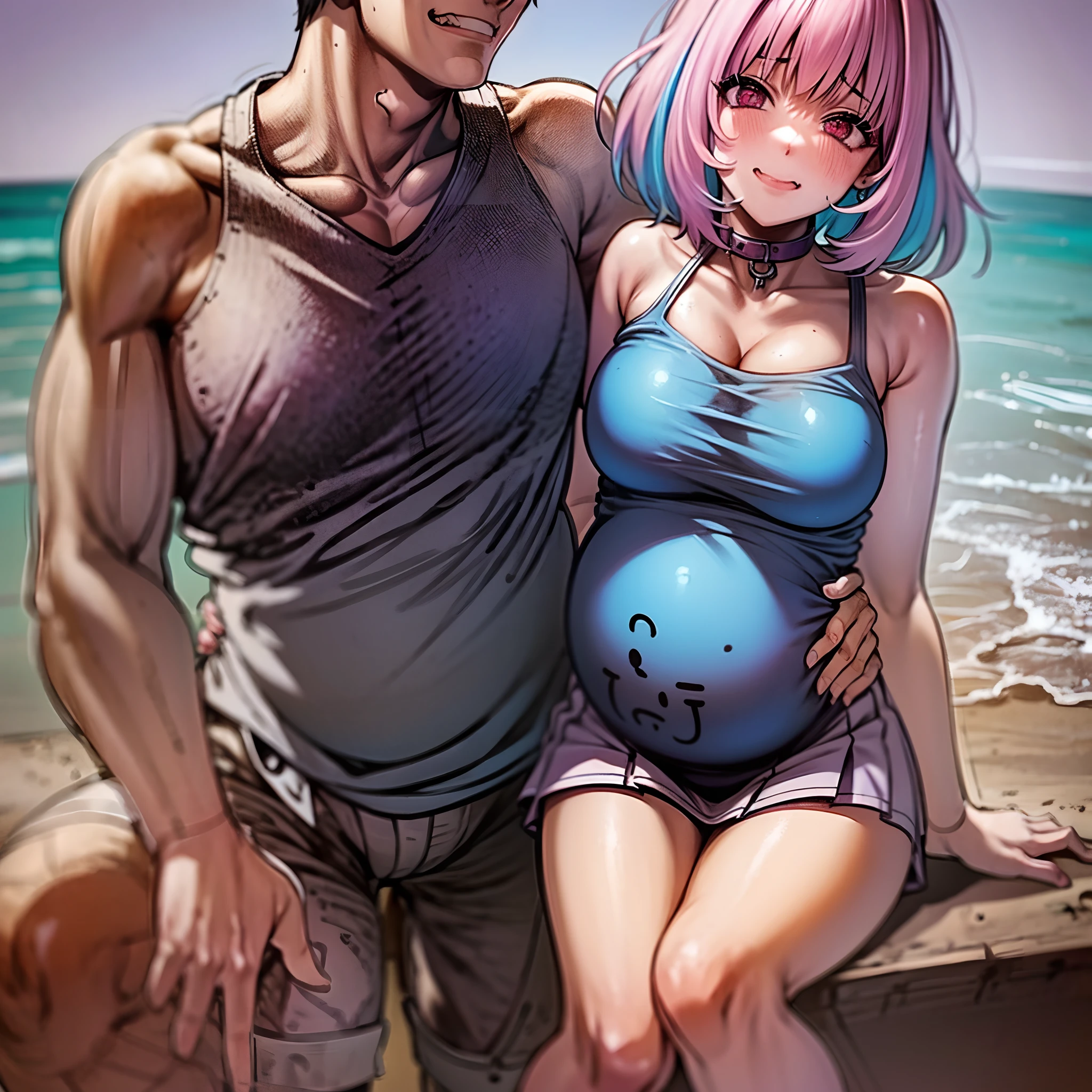 masterpiece, best quality, 1girl, riamu, blue shirt, pleated skirt, solo, simple background, bikini, beach, riamu and guts, husband and wife, couple happy in a beach, , purple hair,1boy, sitting in couple, affection, love,relationship, lovey dovey, happy, , smile, 2character, guts pants, kiss, kissing, guts pullover, riamu bikini, pregnant riamu