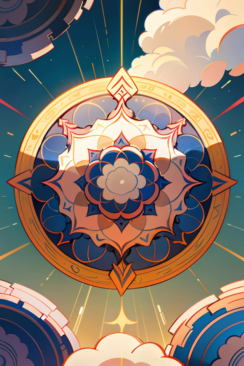 A round ornamental mandala made of light rays from heaven, surrounded by puffy white clouds.