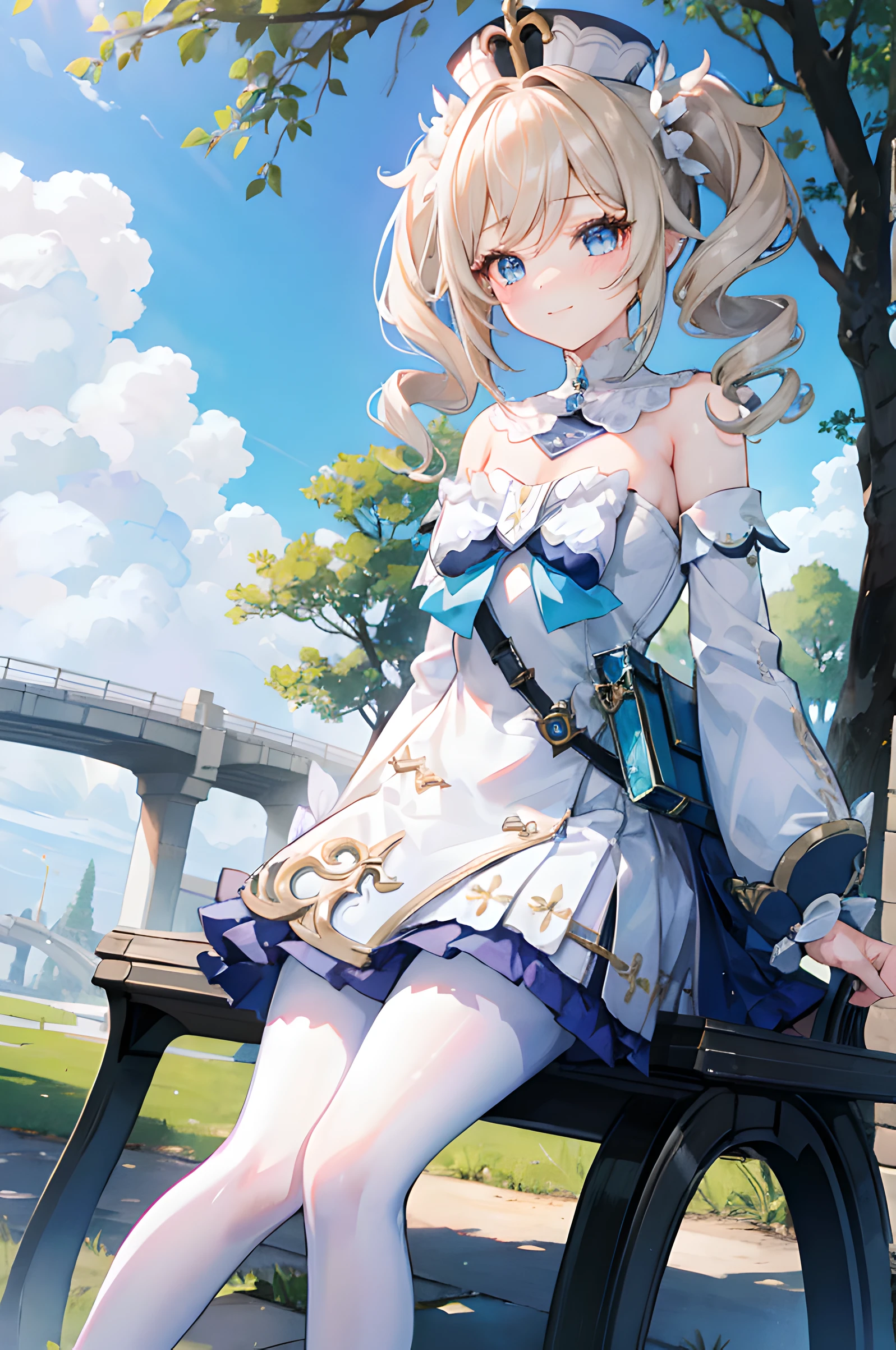 1 girl, short, idol dress, idol, white hair, blue eyes, cute face, smile, blush, outdoor, sitting on a park bench, under tree, looking at viewer, 8k, ray tracing, masterpiece, beautiful environment, Barbara, Genshin Impact, solo, cute