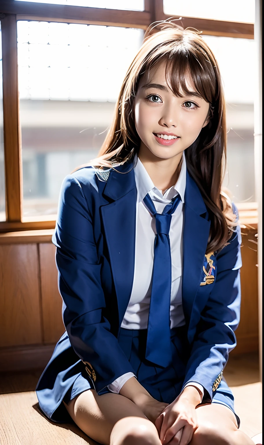 ulzzang-6500-v1.1, (Raw photo:1.2), (Photorealistic:1.4), Beautiful detailed girl, Very detailed eyes and face, Beautiful detailed eyes, Ridiculous, Incredibly ridiculous, Ultra detailed, High resolution, Very detailed, Best quality, Masterpiece, ((Japan girls' high school uniform)), In the classroom, by the window and outside the blue sky, unified, 8k wallpaper, fantastic, fine detail, masterpiece, top quality, highly detailed cg uniform 8k wallpaper,movie lighting, 16 year old girl, (dynamic pose))), (camel toe), (knee bending leg sitting))