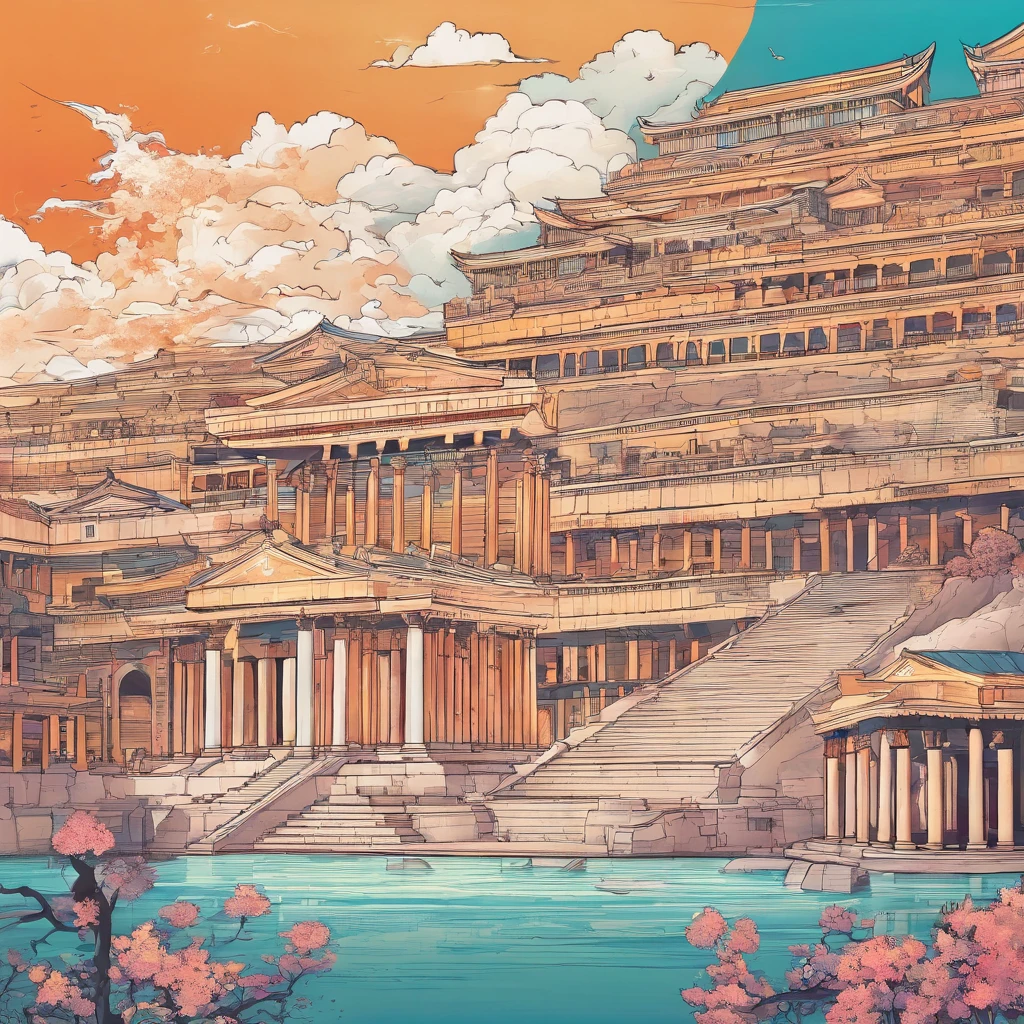 ancient greece buildings with one man in center