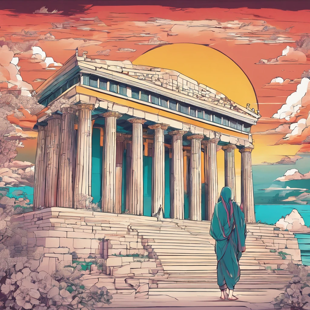 ancient greece buildings with one man in center