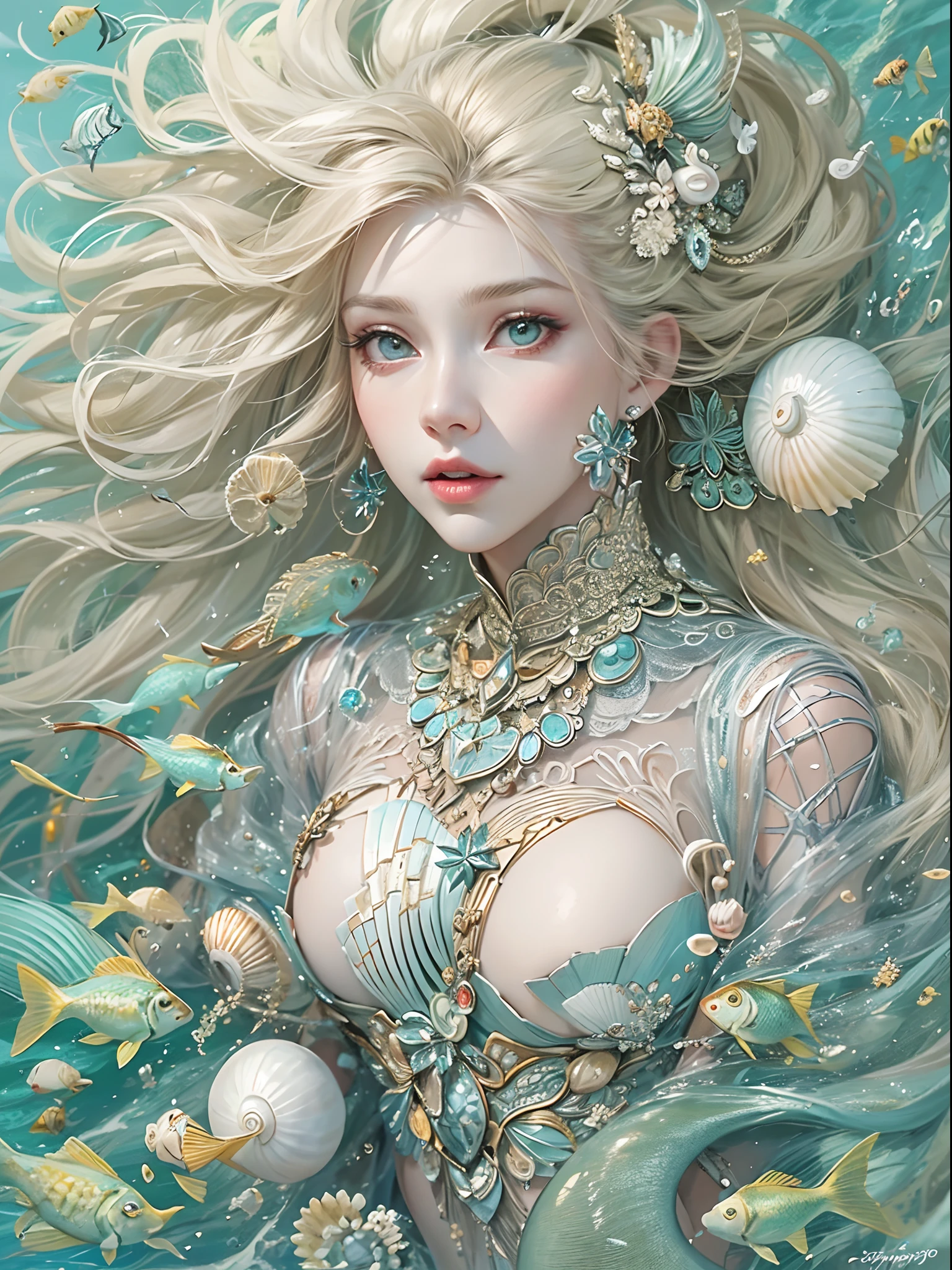 offcial art, Unity 8k壁纸, Ultra-detailed, Beautiful and aesthetically pleasing, tmasterpiece, best qualityer, (zentangle, datura, clew, meshing), (s fractal art: 1.3), 1 mermaid, (Blonde hairstyle: Long hair) Ocean, Extremely detailed, dynamic angle, Cowboy shot, The most beautiful forms of chaos, elegant, Fauvistdesign, vivd colour, romanticism lain, Seafoam, Buble, shells, Fish, pearls