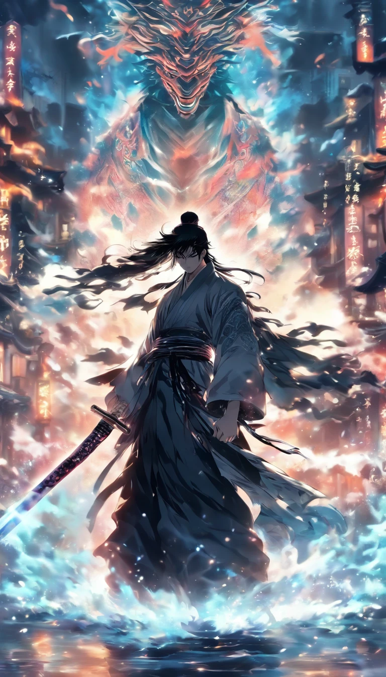 ((Masterpiece))，(Best quality))，Faraway view，There were twenty swords suspended in the air，Sword Rain，A young Taoist priest，Infinite Sword System，Glow effects，Hyper-realistic，Ultra photo realsisim，Chinese black and white ink style，Black and white，Decolorization，Smudge，ink，8K，super-fine，high qulity，OC renderer