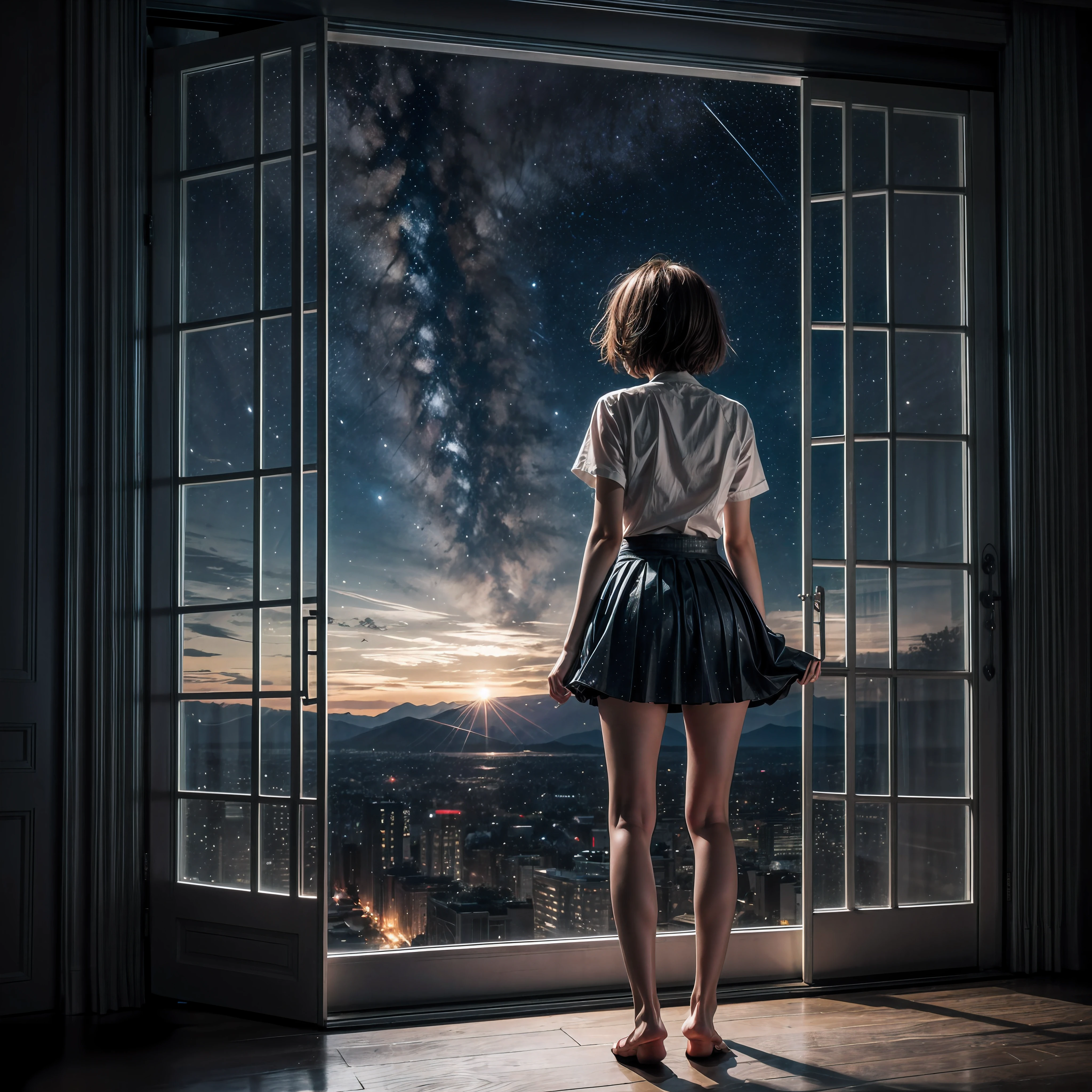 largewindow,full body,front,1girl,(open legs:1.3),(skirt,:1.3),(standing:1.1),(short hair:1.4),(night , starry sky: 1.3), city, long hair, sliding doors, solo,