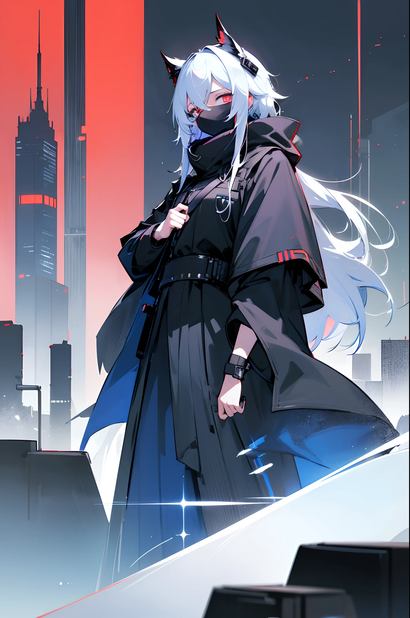 arknights, {Dr}, Odin, HD, Cyberpunk style, black cloak, without red color, Indigo, Neon City, mask, Ears, The eye is not visible, Eye mask, stands, looking at the camera, city   of the future, That's incredible, the night, night city
