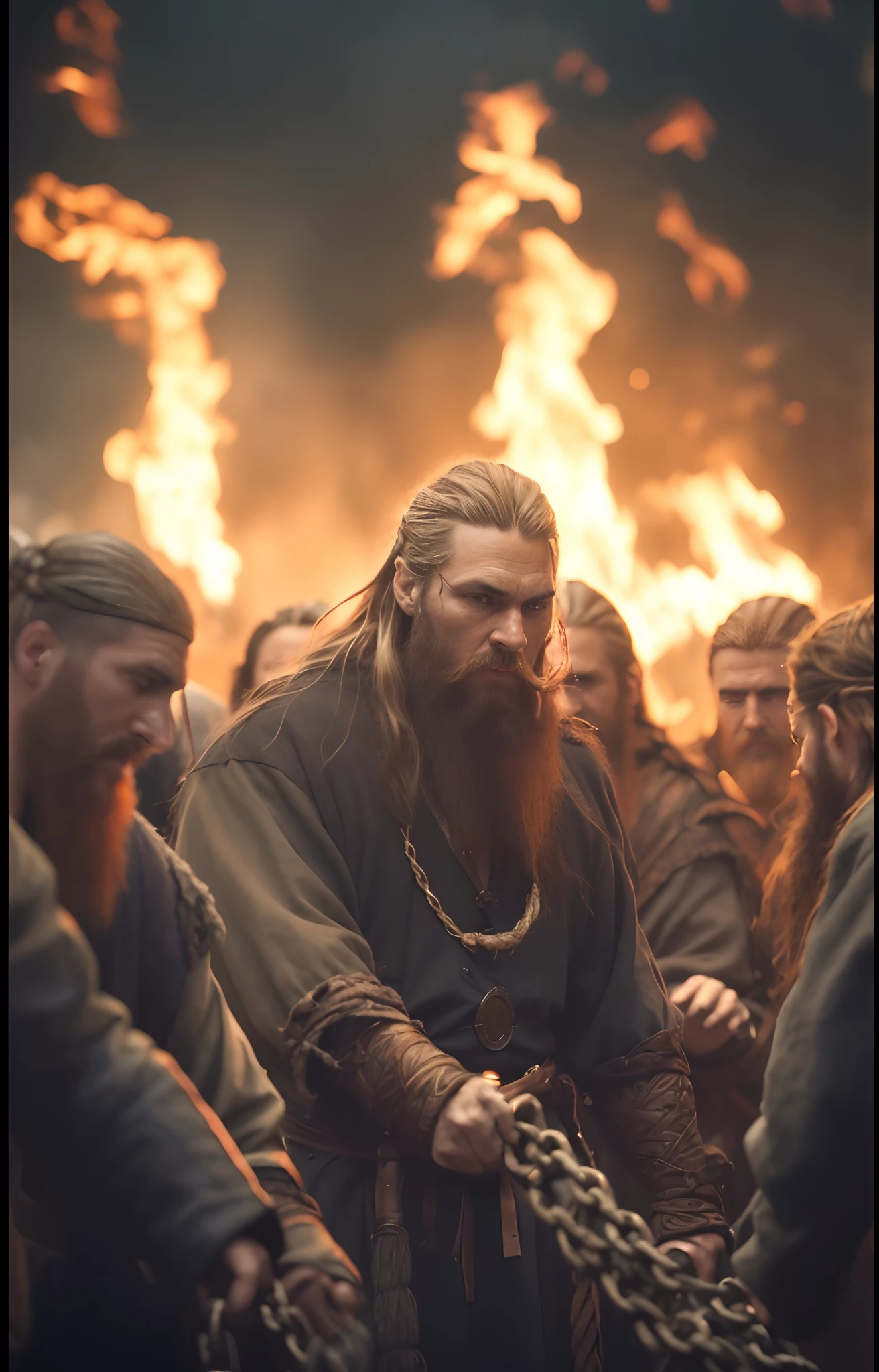 a group of men chained around a fire with flames in the background, long braided viking beard, barba viking, an epic viking battle scene, estilo viking, fire behind him, de witcher (2021), Efeitos visuais impressionantes, Messi como um viking, Cultura Viking, barba grisalha, jason momoa as assyrian, Directed by: Marcin Zaleski