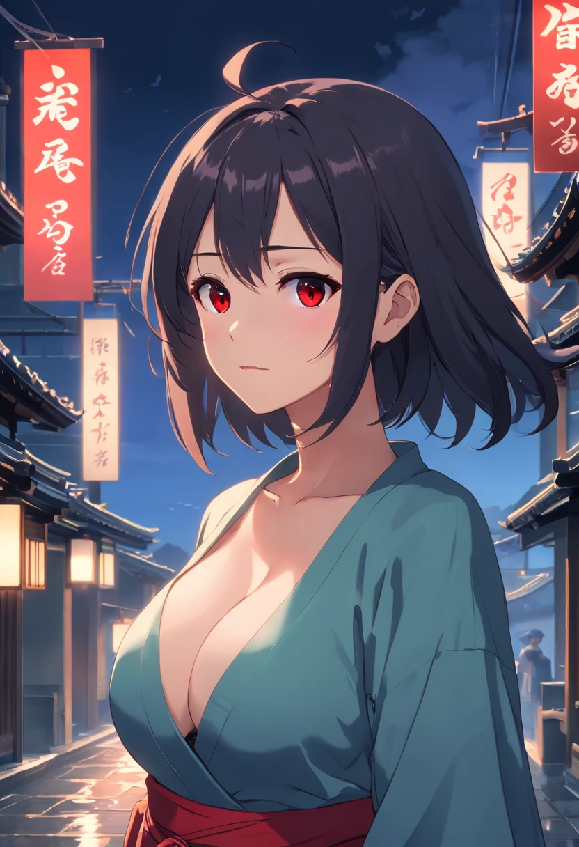 (Ancient Japan:1.2),(Best quality,A high resolution,Masterpiece:1.2),(cinematic Film still from),(the night,Dark atmosphere:1.3),Front view,(1 beautiful woman),(A 23-year-old woman,Black semi-long hair,red color eyes:1.2),(up-close,Only the upper body is shown:1.0),(Loose and gorgeous clothes that expose the neck:1.25),(depth of fields),(The background is covered with butterflies:1.05),(Bigboobs:1.35)