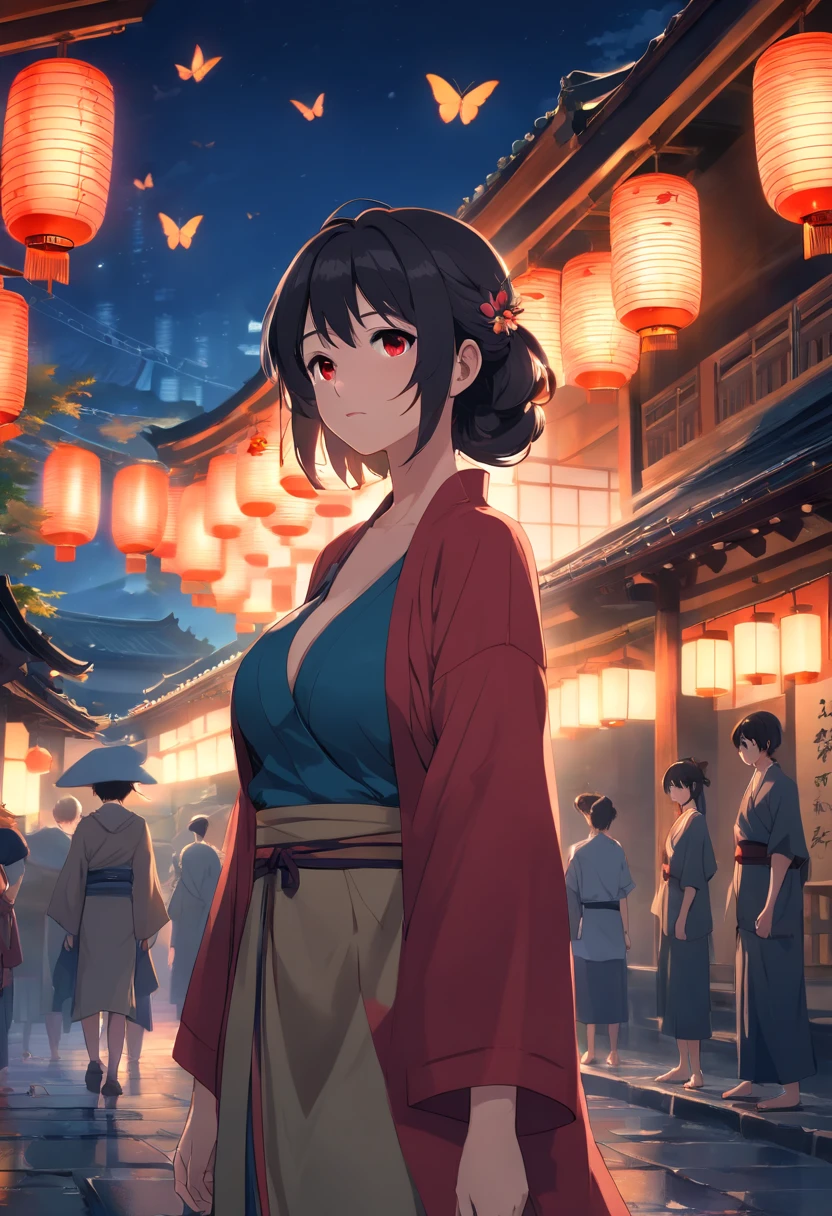 (Ancient Japan:1.2),(Best quality,A high resolution,Masterpiece:1.2),(cinematic Film still from),(the night,Dark atmosphere:1.3),Front view,(1 beautiful woman),(A 23-year-old woman,Black semi-long hair,red color eyes:1.2),(up-close,Only the upper body is shown:1.0),(Loose and gorgeous clothes that expose the neck:1.25),(depth of fields),(The background is covered with butterflies:1.05),(Bigboobs:1.35)