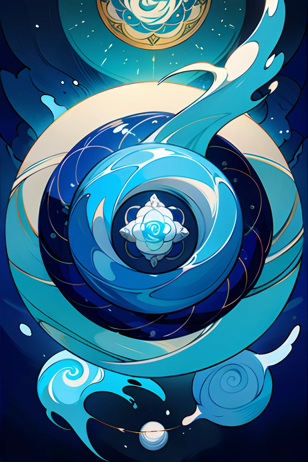 A round ornamental mandala made of a swirling, whirlpool of splashing blue ocean water, surrounded by rocks.