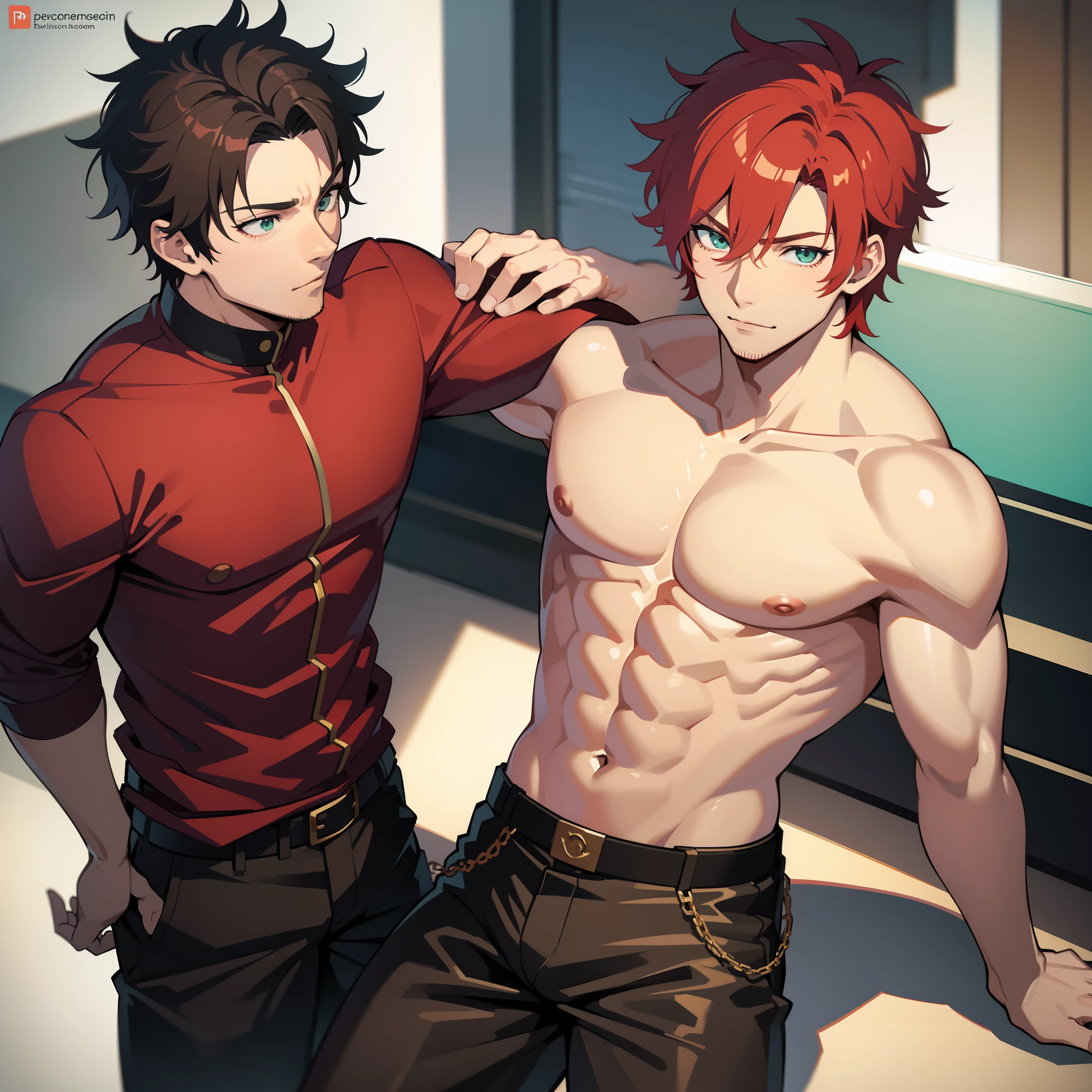 Anime cinematic style, full body,portrait,a handsome man, around 30 years old, strong, sexy, model body, short messy red hair dark greenish eyes, no shirt, provocative tight white pants, oasis desert