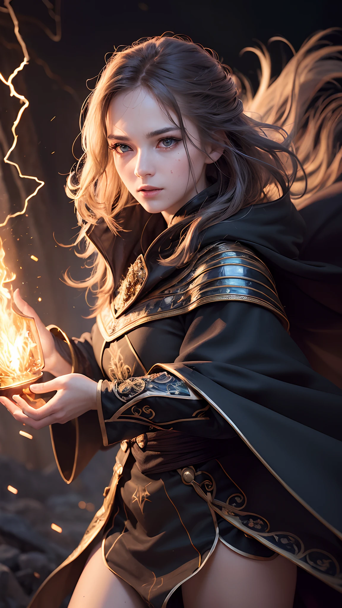 (skindentation:1.5), Realistic, Photorealistic, (masterpiece:1.5), concept art, intricate details, highly detailed, photorealistic, octane render, 8k, unreal engine, dynamic pose, best quality, highres, (realistic face:1.1), (hyperrealistic:1.1), ((full_body)), perfect eyes,(shiny skin:1.2), (((hairstyle))), (((perfect hands))), (extremely detailed background), ((dynamic background)), ((lightning)), (light rays), ((1girl)), wearing cloak, (((flowing cloak))), ((detailed eyes, high quality eyes, high quality face)), (extremely intricate robes, magical robes), short hair, casting lightning, electricity, swirling fire, radiating power, sparks, smoke, magic, ((dramatic)), epic, battlefield, depth of field, bokeh, 4k, gothic, ember, particles,