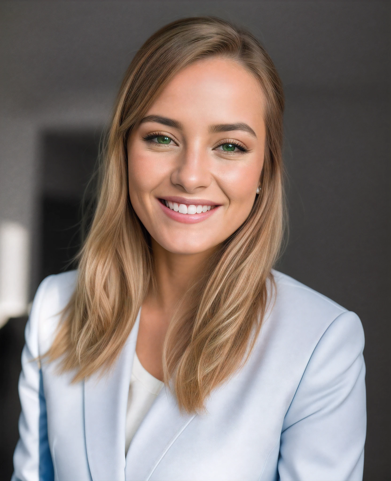 mulher sorridente em jaqueta branca e blazer azul posando para uma foto, cabelo comprido loiro, olhos verdes, raw photo, amazing photograph, best quality, 8K, high quality, Ultra detailed, (best quality), (high detailed skin, full sharp:1.2), 8k uhd, dslr, detailed face