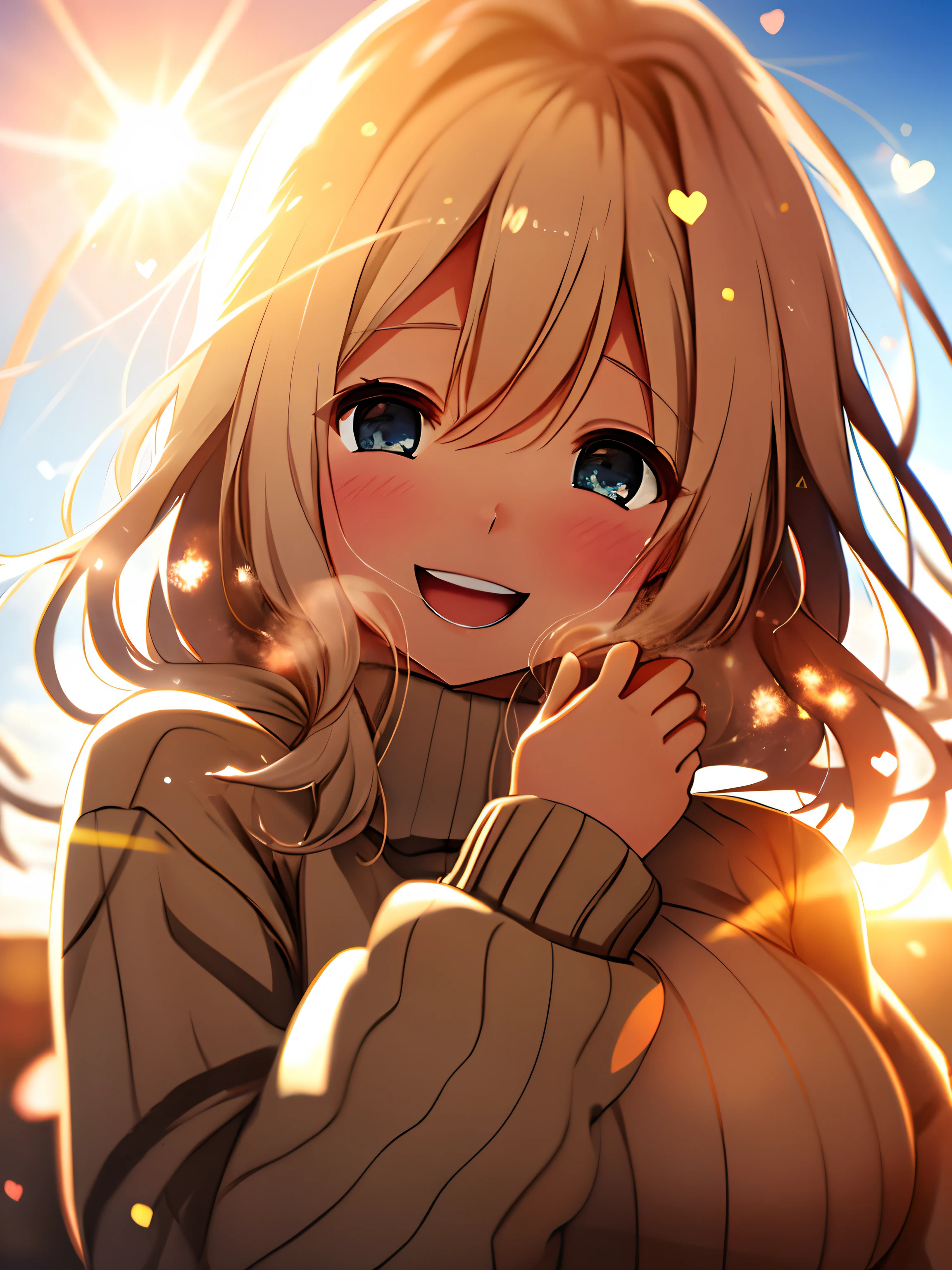 a girl, cosy sweater on, upper body, (huge Laughing:1.1), (open mouth:1.1), (wide open eyes:1.2), sun glare, bokeh, depth of field, blurry background, light particles, strong wind, (heart particles:1.1)
