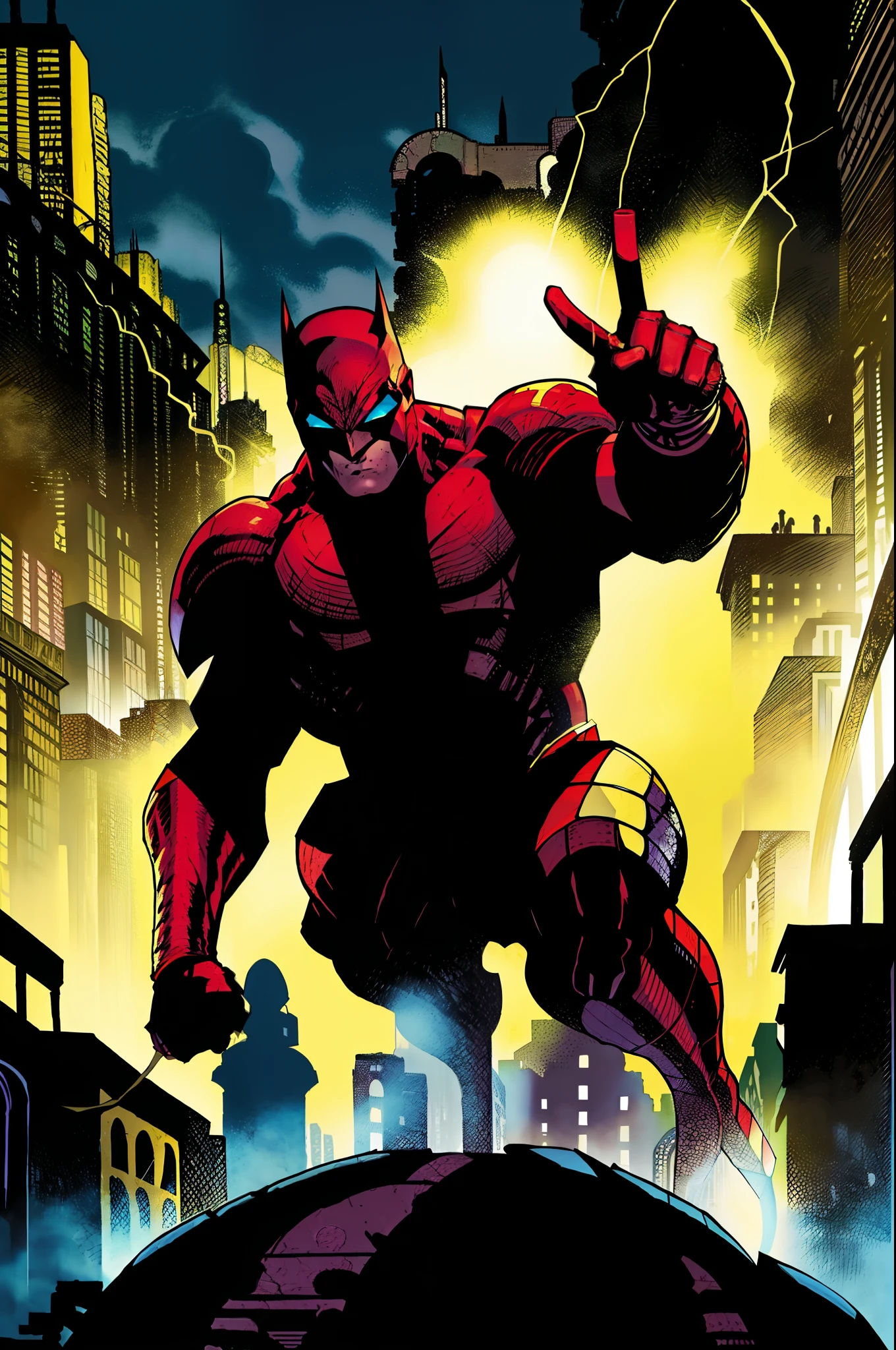 Batman, holocausto, tempestade e raios azuis e brancos , caus , sangue no chao e paredes , cenario: Beco em Gotham , cavaleiro das trevas , olhar focado , melhor qualidade , best resolution , obra prima , estilo Jim Lee , Dc Comics