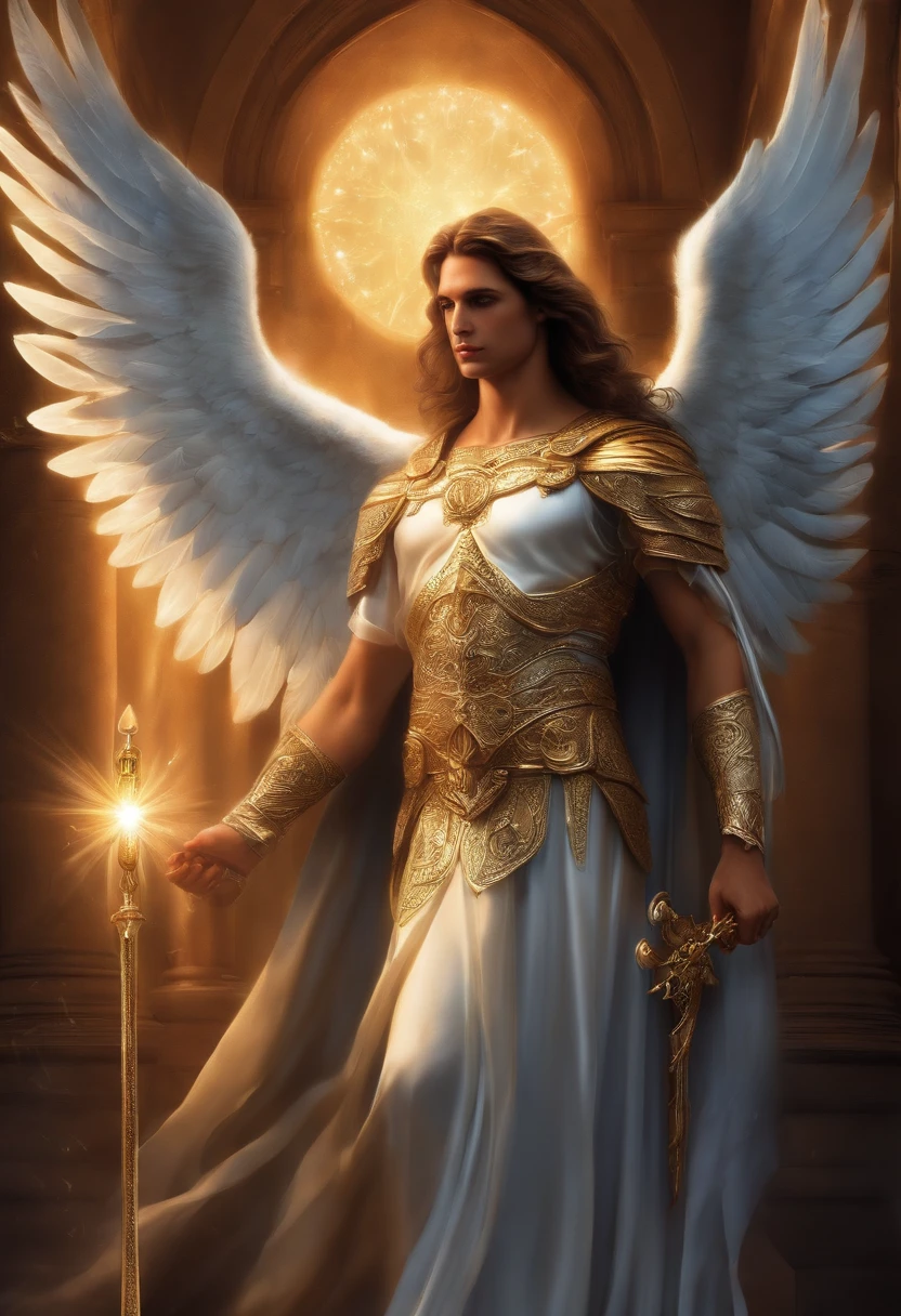 ((1 homem anjo)), cósmic  Archangel Gabriel, ((1 homem)), oLhos cLaros briLhantes, Biomechanicals, beauty face, the God of angels, with a flickering sword in his hands, angel of justice , The most beautiful of angels, cores muito briLhantes, light particles, com Luz briLhante, Mshiff, Arte do papeL de parede, papeL de parede uhd