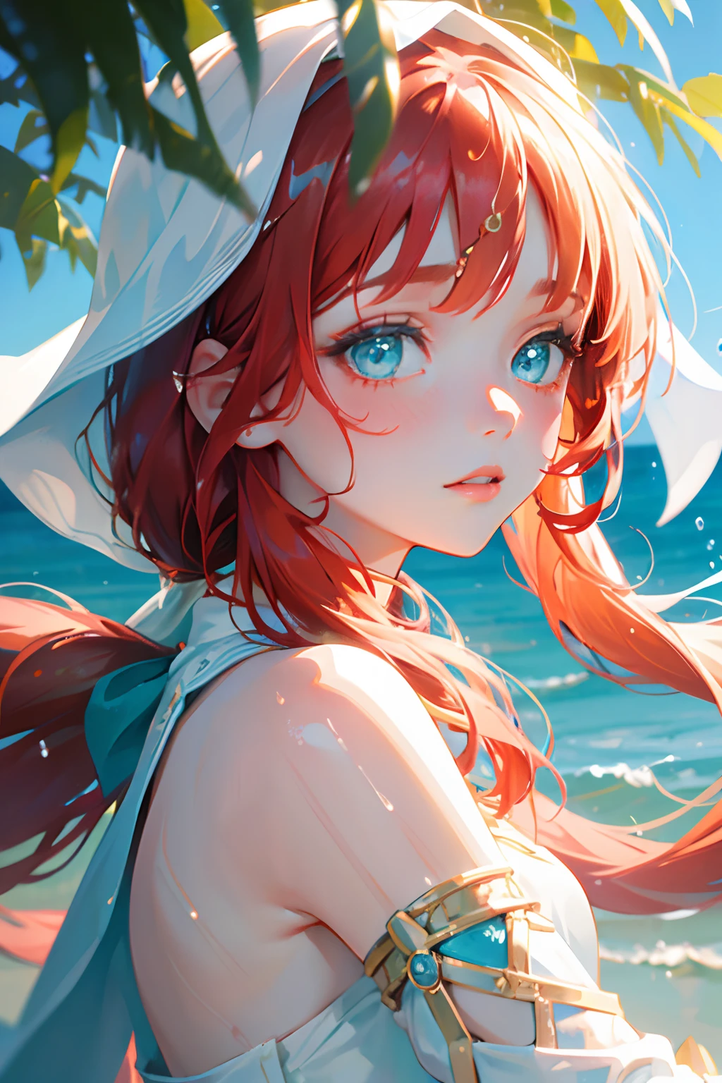1 girl solo, red hair, teal eyes, blue and white flowy clothes, golden accessories, sunny day, iridescent light, glowing, rain drops, blue sky, white clouds, sun rays, bare shoulders, detached sleeves, ((portrait closeup face))