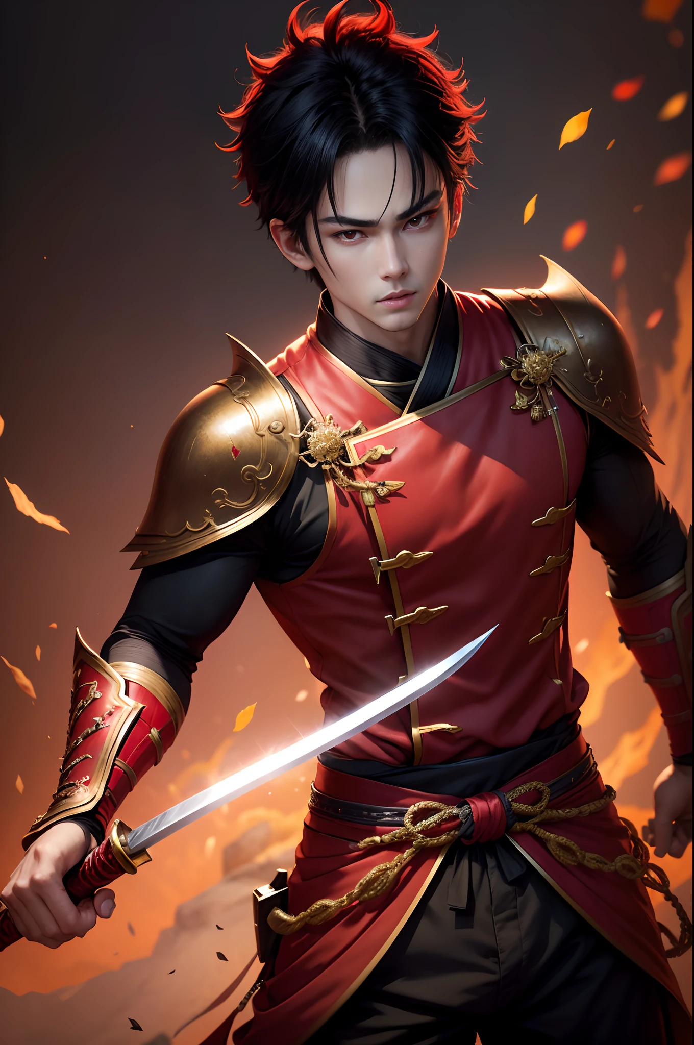 (8K,Photorealsitic Raw photography top-quality;1.4) (One boy) Super handsome (Lifelike face) Boy with Japan sword on his waist Red and black samurai costume Black and red trousers(Golden decoration)Glowing red eyes glaring at you