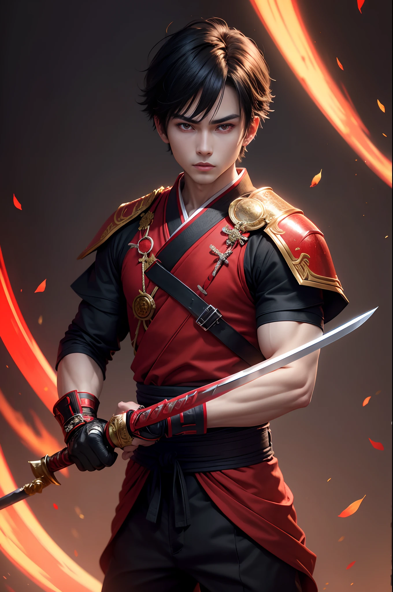 (8K,Photorealsitic Raw photography top-quality;1.4) (One boy) Super handsome (Lifelike face) Boy with Japan sword on his waist Red and black samurai costume Black and red trousers(Golden decoration)Glowing red eyes glaring at you