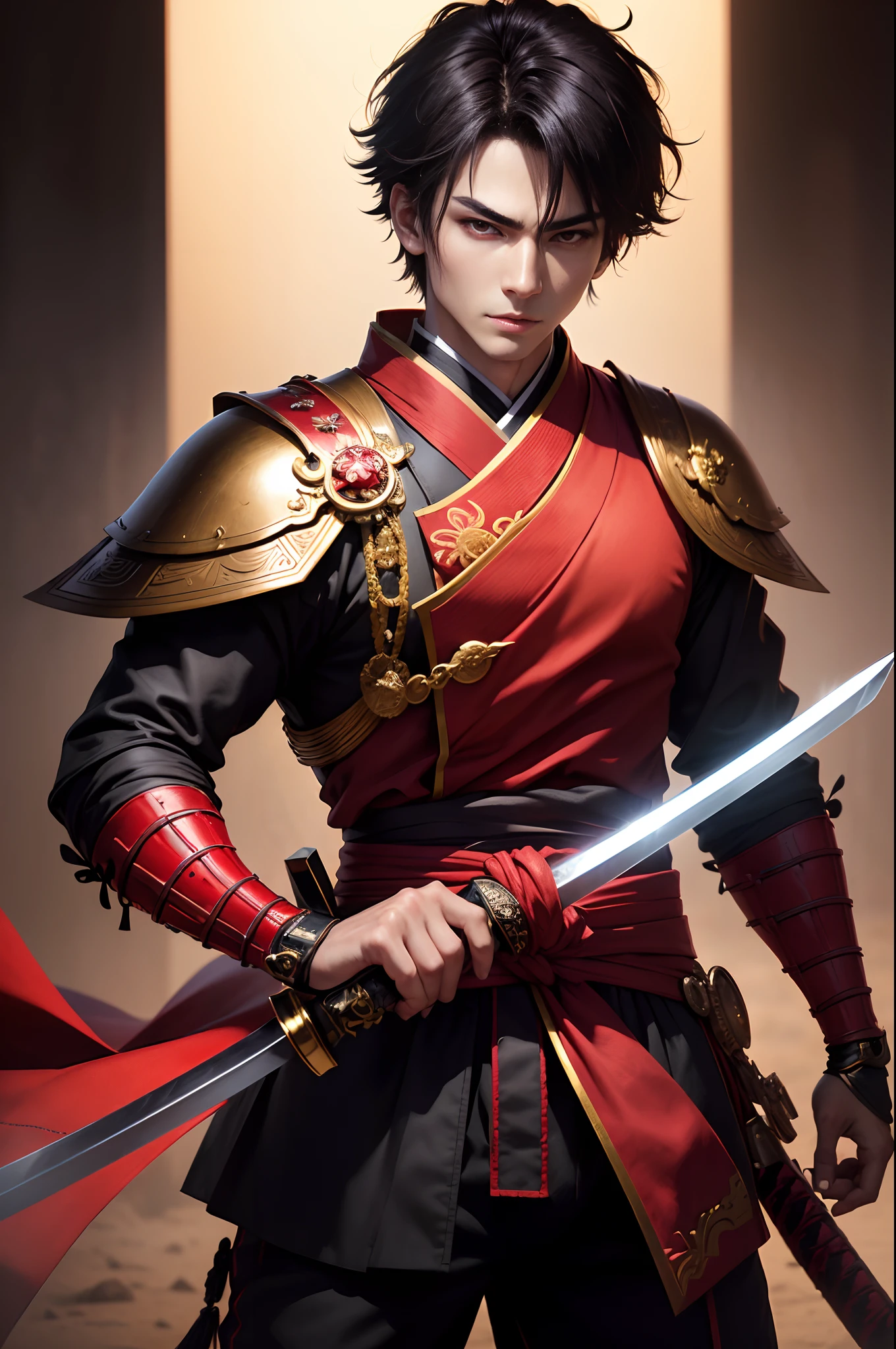 (8K,Photorealsitic Raw photography top-quality;1.4) (One boy) Super handsome (Lifelike face) Boy with Japan sword on his waist Red and black samurai costume Black and red trousers(Golden decoration)Glowing red eyes glaring at you
