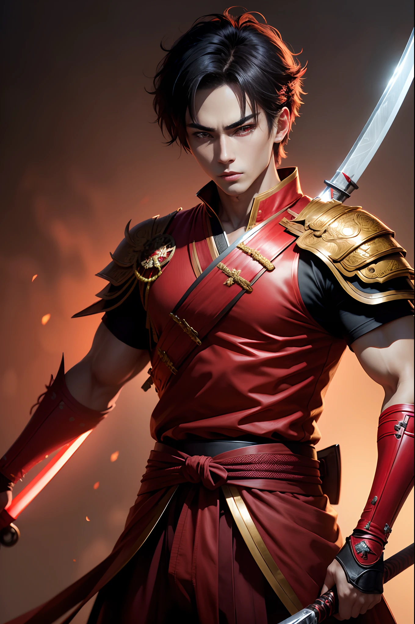 (8K,Photorealsitic Raw photography top-quality;1.4) (One boy) Super handsome (Lifelike face) Boy with Japan sword on his waist Red and black samurai costume Black and red trousers(Golden decoration)Glowing red eyes glaring at you