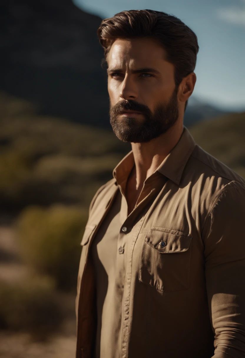 Cinematographer, Masculine perfection, strong jawline, labios carnosos, Swedish 33 years old, Cabello corto rubio oscuro, abundante barba, ojos azules, hiperrealista, 8K --v 4