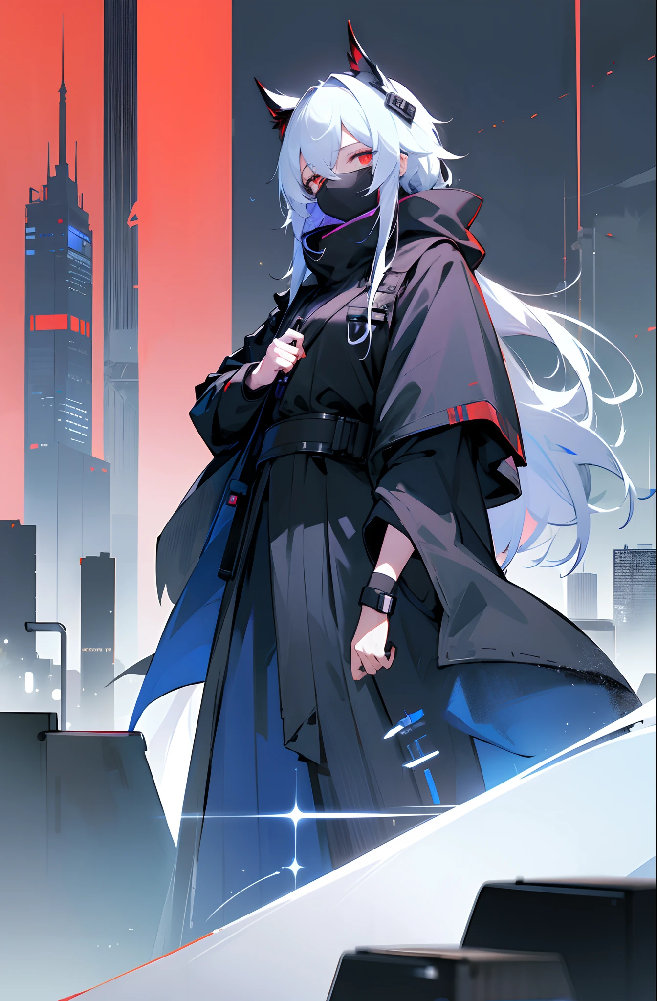 arknights, {Dr}, Odin, HD, Cyberpunk style, black cloak, without red color, Indigo, Neon City, mask, Ears, The eye is not visible, Eye mask, stands, looking at the camera, city   of the future, That's incredible, the night, night city, red-eyes