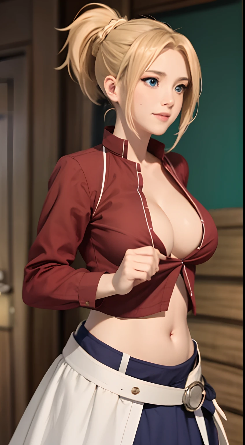 Zenith, 1girl, solo, blue_eyes, blonde_hair, smile, large_breasts, parted_bangs, bangs, ponytail, red_shirt, shirt_pull, pulled_by_self, open_shirt, partially_unbuttoned, smirk, seductive_smile, cleavage, (paizuri_invitation, girl pulling open her own shirt, :1.3), opening shirt