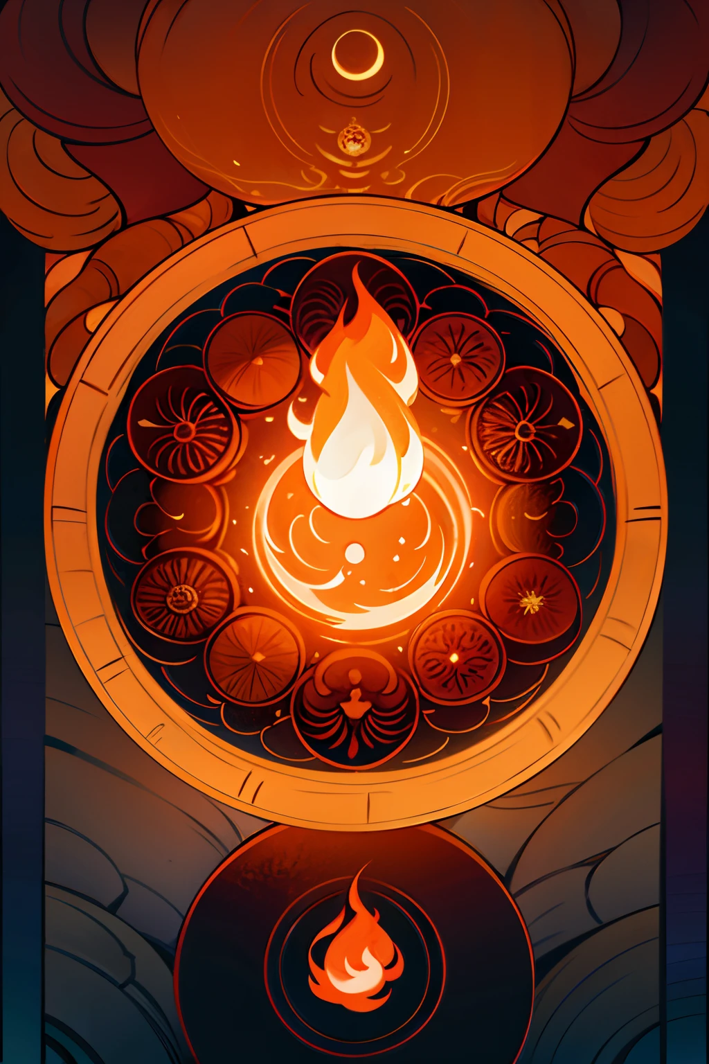 A round ornamental mandala made of fire, flames and a whirlpool of lava, surrounded by stone.