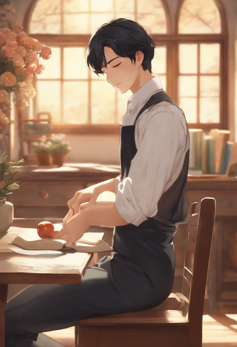 (best quality:1.0),(super high resolution:1.0),anime boy,short black hair,blue eyes,white apron,black pants,sleeping on a stool,in a classroom setting,traditional manga style,soft and warm color palette,dimmed lighting,peaceful atmosphere,books and notebooks scattered around,wooden desk and chairs,blackboard with chalk writings,elegant curtains,daylight streaming in from the windows,a vase with fresh flowers,gentle breeze swaying the curtains,subtle shadows and highlights,meticulous attention to facial features and expressions,fine lines and delicate shading,crisp and detailed textures,on a sunny afternoon