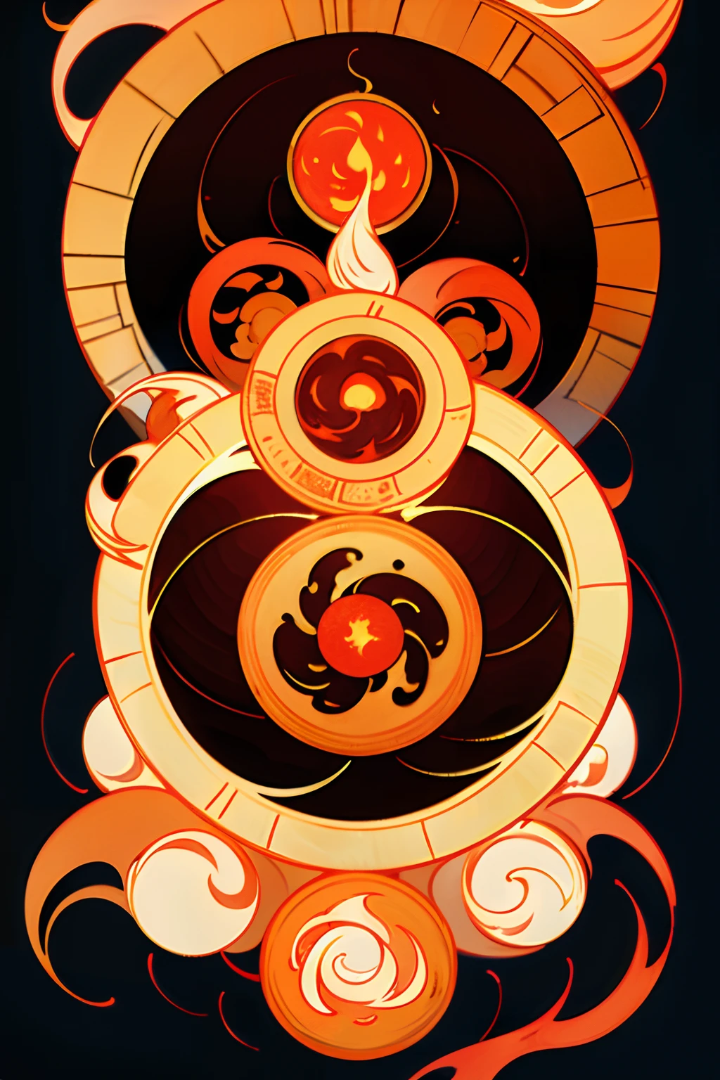 A round ornamental mandala made of fire, flames and a whirlpool of lava, surrounded by stone.