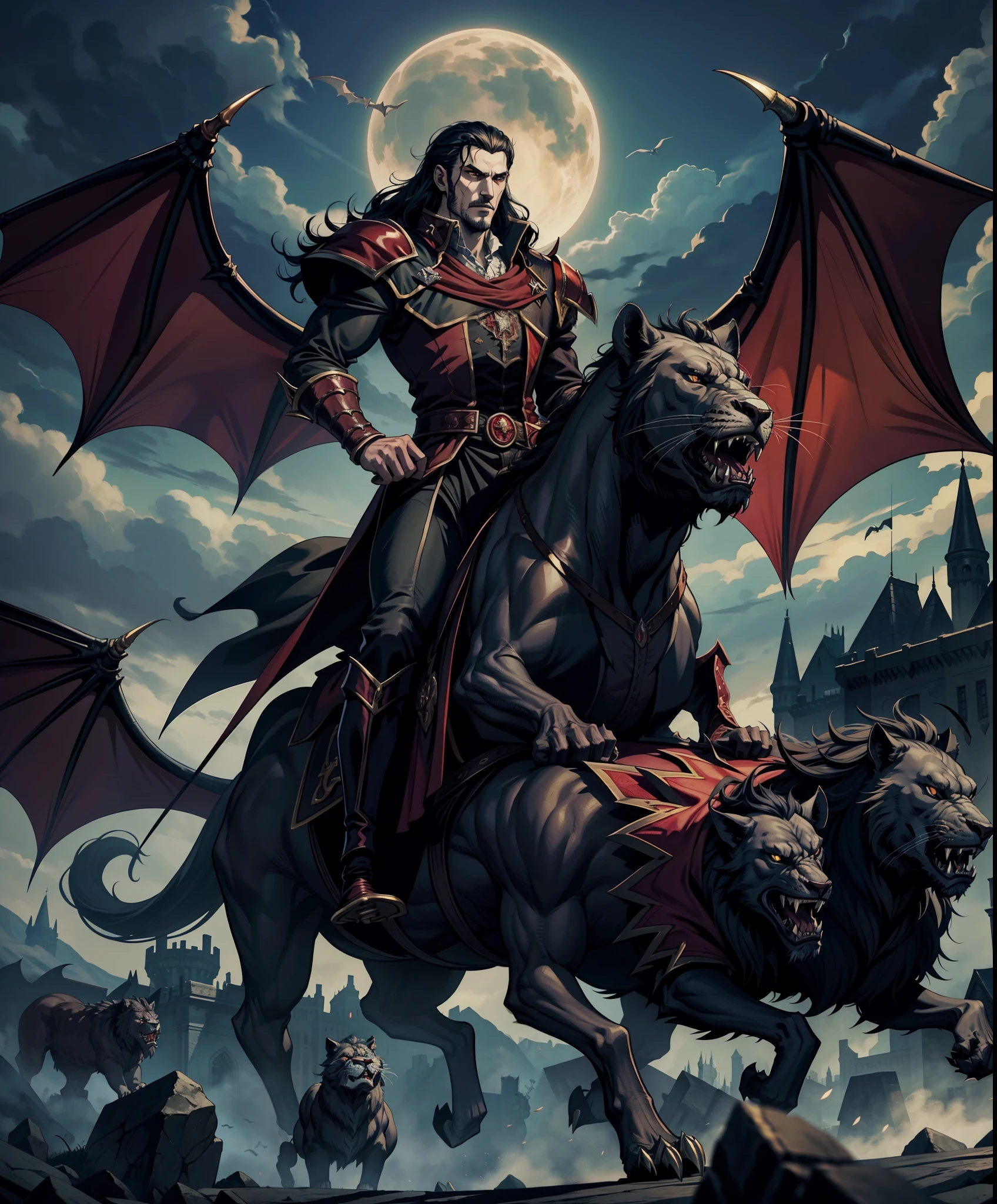 Lord Dracula Castlevania shadow lords riding big legendary roaring lion with an army of demons behind him hyper realistic super detailed