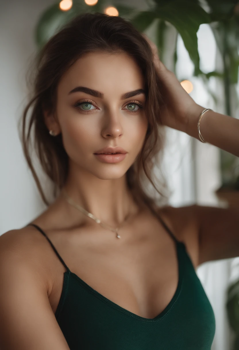 arafed woman with a white tank top and a necklace, sexy girl with green eyes, portrait sophie mudd, brown hair and large eyes, selfie of a young woman, bedroom eyes, violet myers, without makeup, natural makeup, looking directly at the camera, face with artgram, subtle makeup, stunning full body shot, clevage, piercing green eyes,completely naked show her