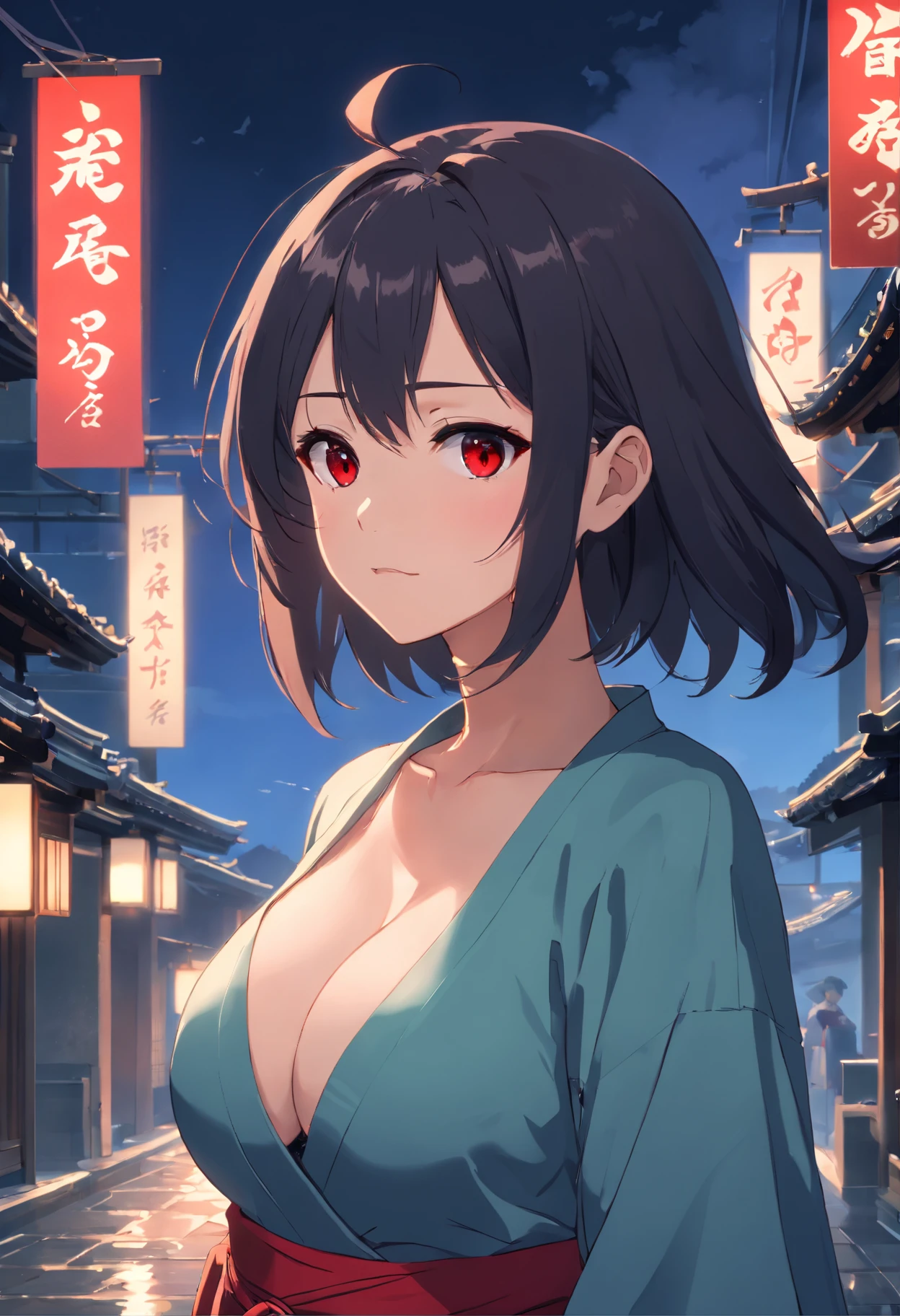 (Ancient Japan:1.2),(Best quality,A high resolution,Masterpiece:1.2),(cinematic Film still from),(the night,Dark atmosphere:1.3),Front view,(1 beautiful woman),(A 23-year-old woman,Black semi-long hair,red color eyes:1.2),(up-close,Only the upper body is shown:1.0),(Loose and gorgeous clothes that expose the neck:1.25),(depth of fields),(The background is covered with butterflies:1.05),(Bigboobs:1.35)