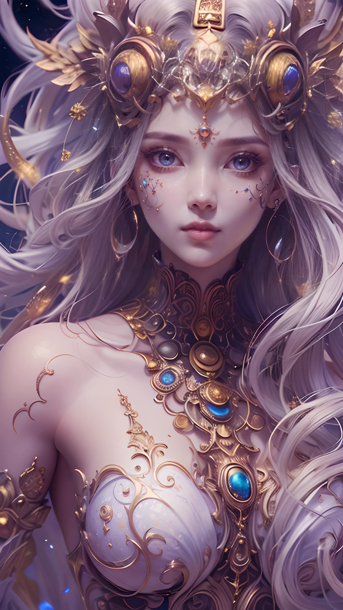 (((Body Portrait)))、(best qualtiy,ultra - detailed,Most Best Illustration,Best Shadow,tmasterpiece,hight resolution,professionalartwork,famousartwork),Detailed eyes,beautidful eyes,closeup cleavage,sci-fy,colored sclera,Robotic eyes,face markings,tattooed,(fractalized,Fractal Eye),largeeyes,wide eyes,(Eye focus),sface focus,the eye of the universe,Close up of metal sculpture of woman with moon in hair,goddes。extremely high detail,goddess portrait,Highly detailed footage of the goddess,a stunning portrait of a goddess,Side image of the goddess,portrait of a beautiful goddess,(Full body close-up of goddess),Goddess of Hecate,portrait of a norse moon goddess,goddess of space and time、((masterpiece、top-quality、ultra-definition、hight resolution))、4K picture quality、