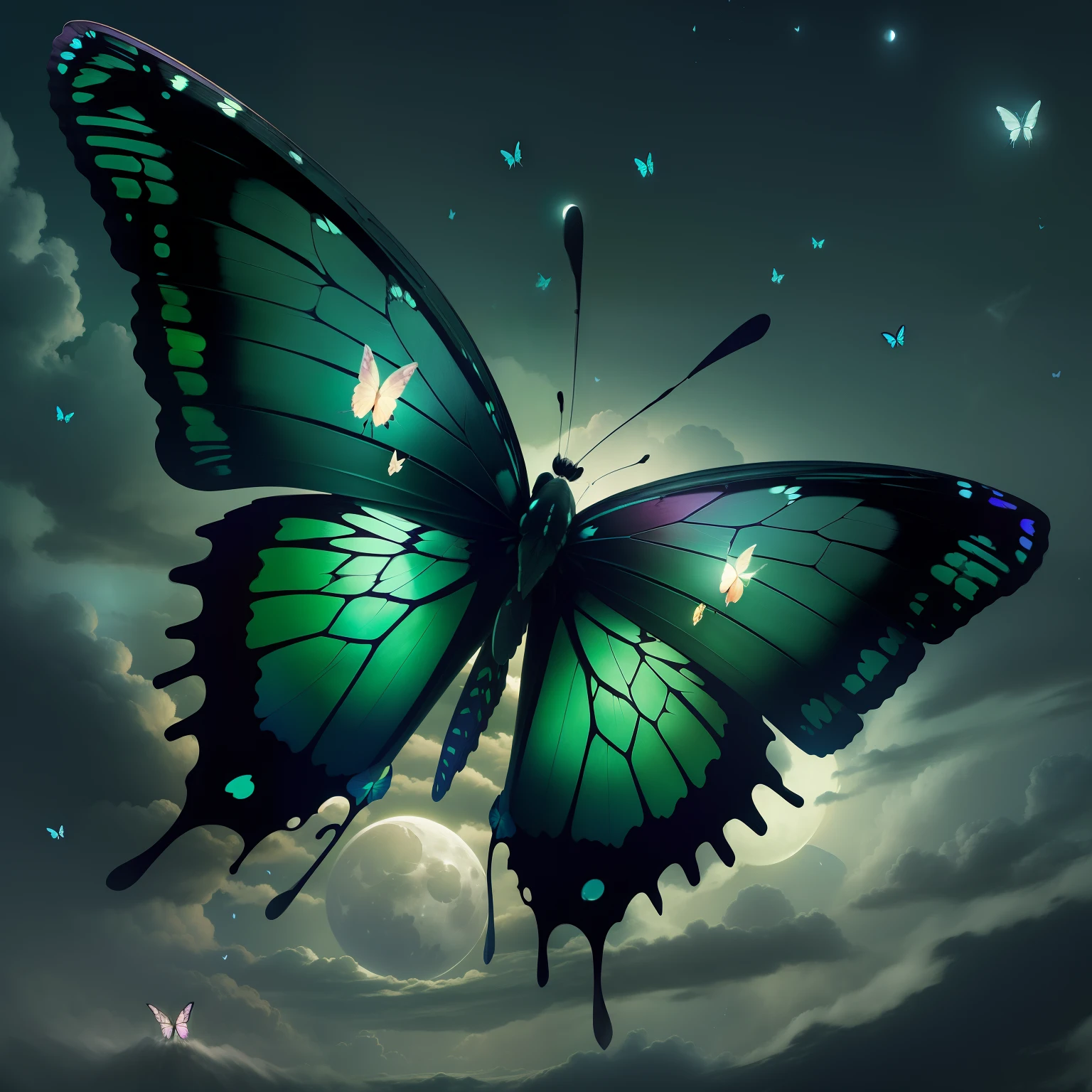 (((Moonlight Butterfly))), Green butterfly, Giant butterfly, Butterfly wings, Butterfly fly, Giant green butterfly in night star sky, Magic Butterfly, Dark souls boss moonlight butterfly,