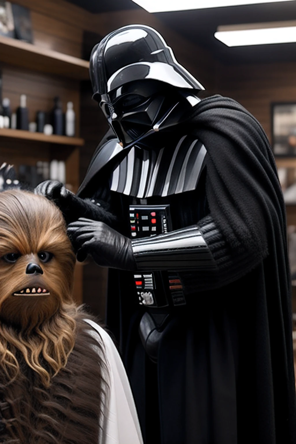 Lord Vader gives Chewbacca a haircut at a barbershop