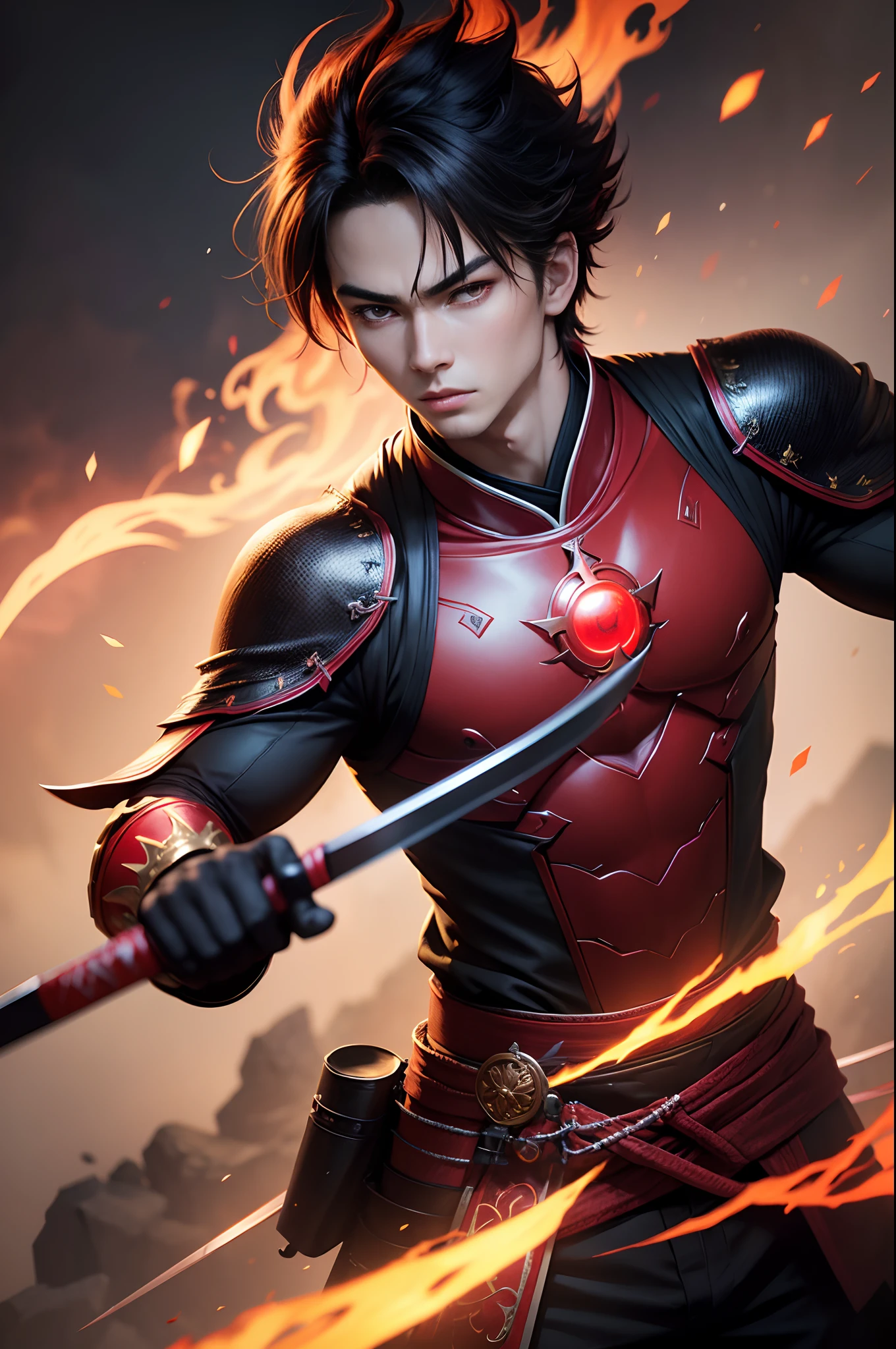 8K,Photorealsitic Raw photography top-quality;1.4) (One boy) Super handsome (Lifelike face) Boy with Japan sword on his waist Black and red samurai costume Black and red trousers(Golden decoration) Glowing red eyes glaring at you 超A high resolution A hyper-realistic real looking skin enticing Beautiful expression Demon Hunter in Beast City combat scene Iai-slash Red aura from the body(Red effect)