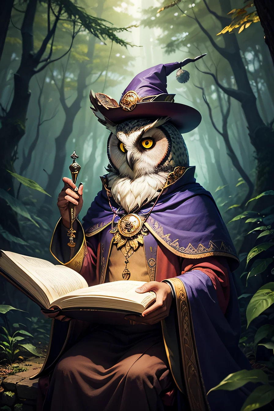 owl wizard in a magical forest