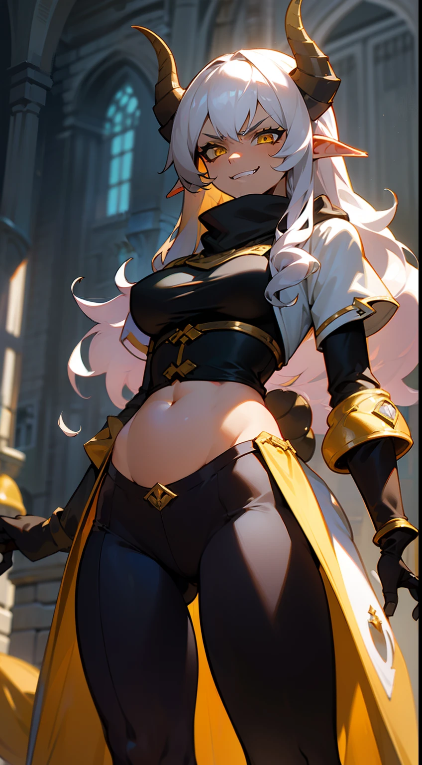 girl,brown skin, hidden arms,long hair, white hair,curly hair,yellow eyes,(((villain,psycho,villain smile, psychopath, angry))), medium boobs, mid waist,show belly, white top,gold armor outfit, long black stockings, detailed clothes, masterpiece, hyper realistic, high definition,black horns,black pantyhose,elves ears,yellow scarf with long tail,(((standing inside of a castle)))